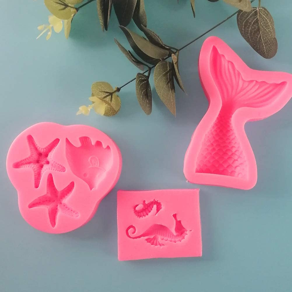 HANGNUO 7 Pack Sea Creatures Fondant Moulds Mermaid Tail Star Fish Seahorse Seashell Silicone Mould for Cake Decoration Chocolate image number 5