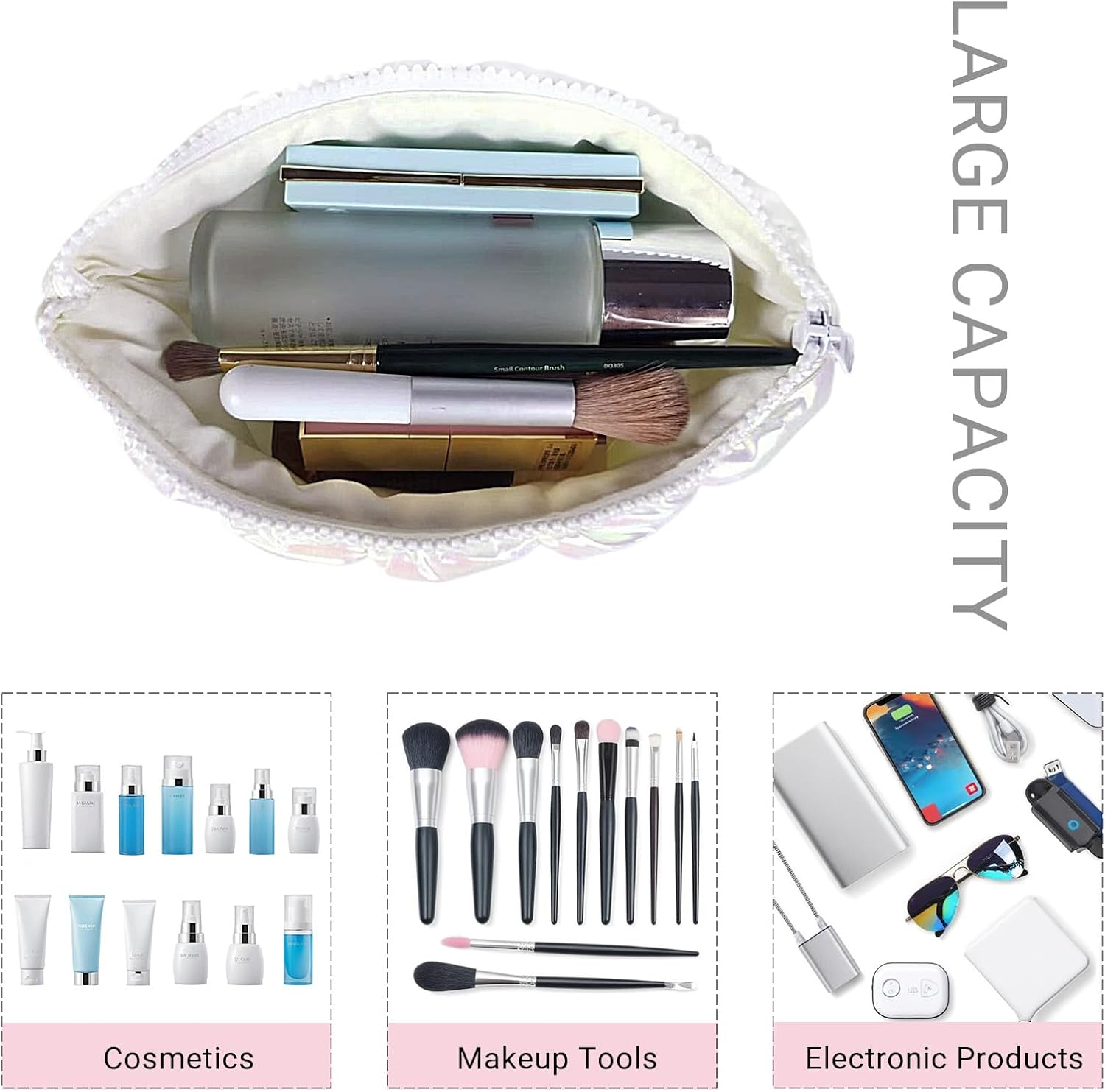 Small Cosmetic Makeup Pouch Bag, Travel Toiletry Bag for Women (White) image number 2