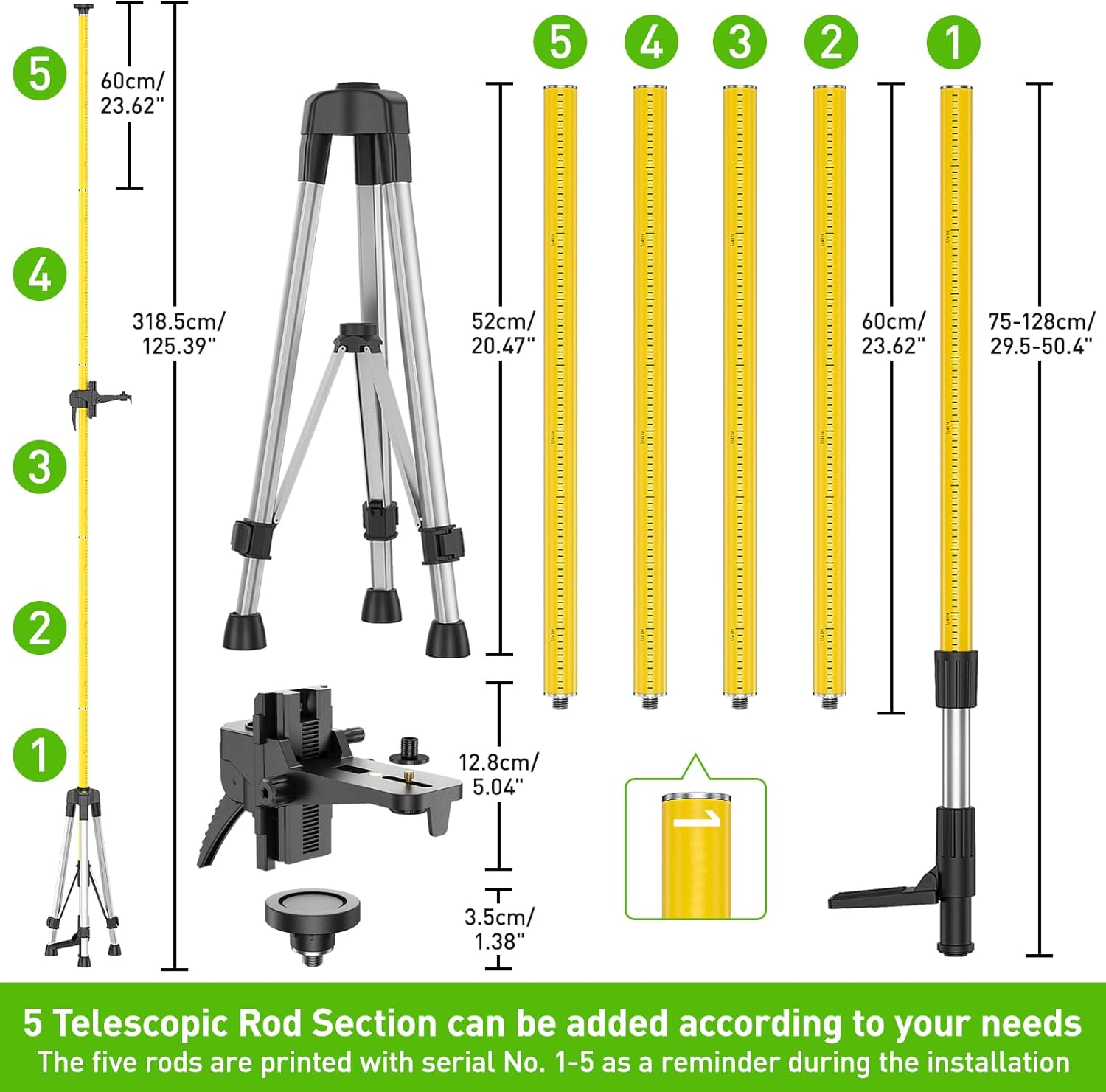 Huepar 3.7M /12 Ft. Professional Laser Level Pole with Tripod and 1/4"-20 Inch Laser Mount for Rotary and Line Lasers, Adjustable Telescoping Laser Pole with 5/8"-11 Threaded Adapter-Lp36A image number 5
