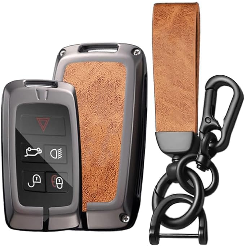 Ontto Alloy Leather Car Key Fob Cover Fit for Range Rover Evoque Sport Vogue Discovery 5 for Jaguar E I-PACE 2018-2023 Smart Key Holder Case Keyring Shell Bag Keychain Accessories