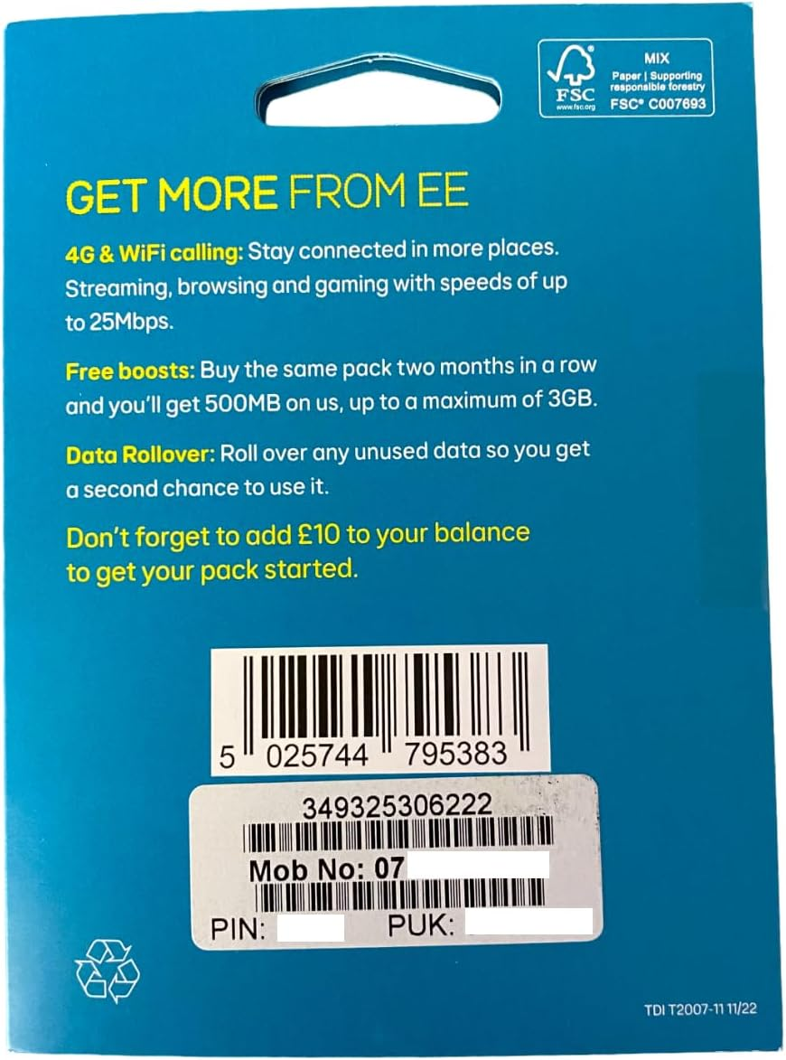 EE Pay as You Go Sim Card Preloaded with &pound;10 Credit Includes 20GB Data plus 500 Minutes and Unlimited Texts. image number 1