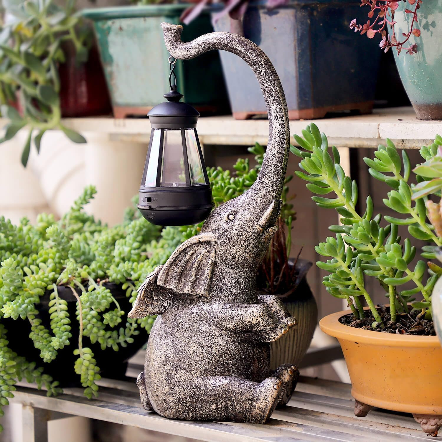 FOMAILE Elephant Garden Statue, Large Garden Statue with LED Lights, Solar Garden Outdoor Statue, Funny Outdoor Decor for Garden,Patio, Yard and Lawn, (EL-020-1)