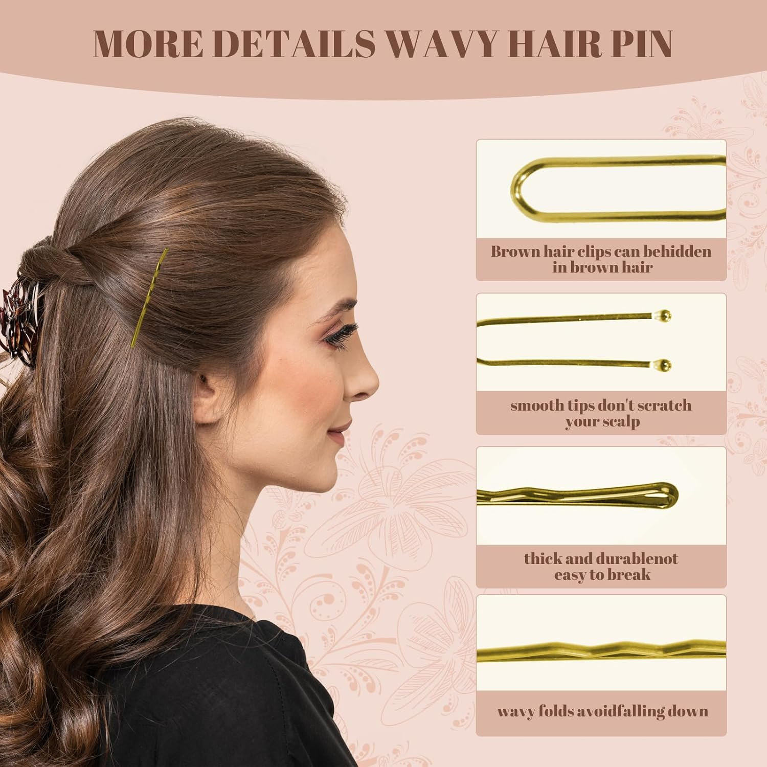 Axinost Pack of 300 Hair Pins, Metal Wavy Shape Hair Clips, Bobby Pins, U Hair Clips, Hair Ties with Storage Box for Children, Girls, Hairdressing Salon (Black and Gold) image number 6