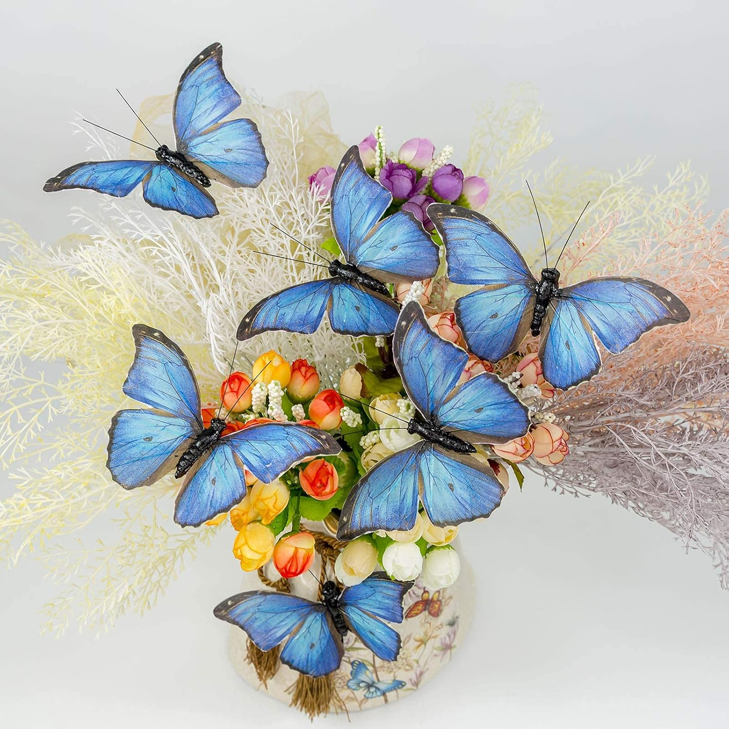 Morpho Butterfly Feather Butterflies on Picks Floral Supplies Set of 12 Pcs Halloween Thanksgiving Decorations image number 2