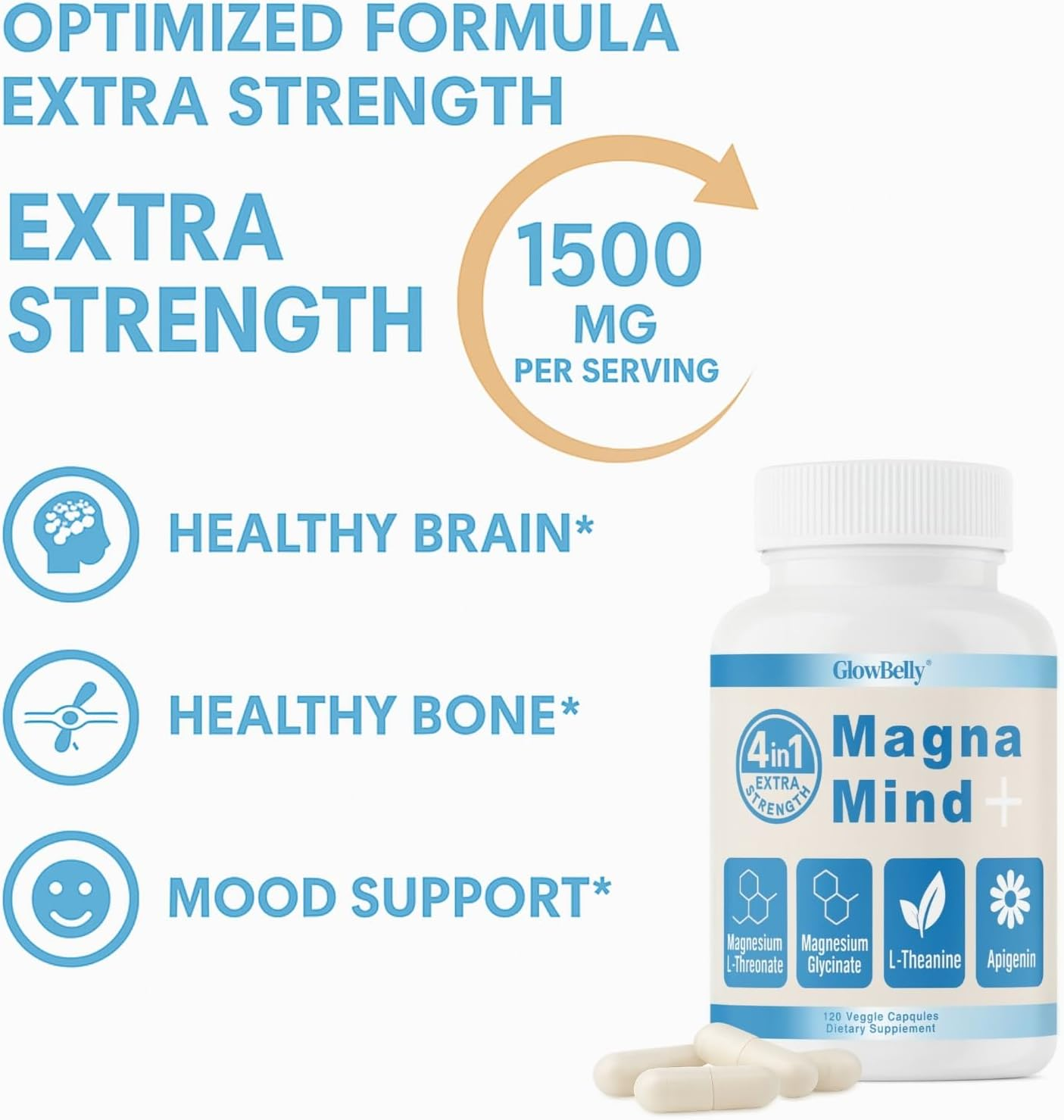 4 in 1 Magnesium L-Threonate, Magnesium Glycinate, L-Theanine & Apigenin | 120 Capsules Magnamind+ by Glowbelly image number 3
