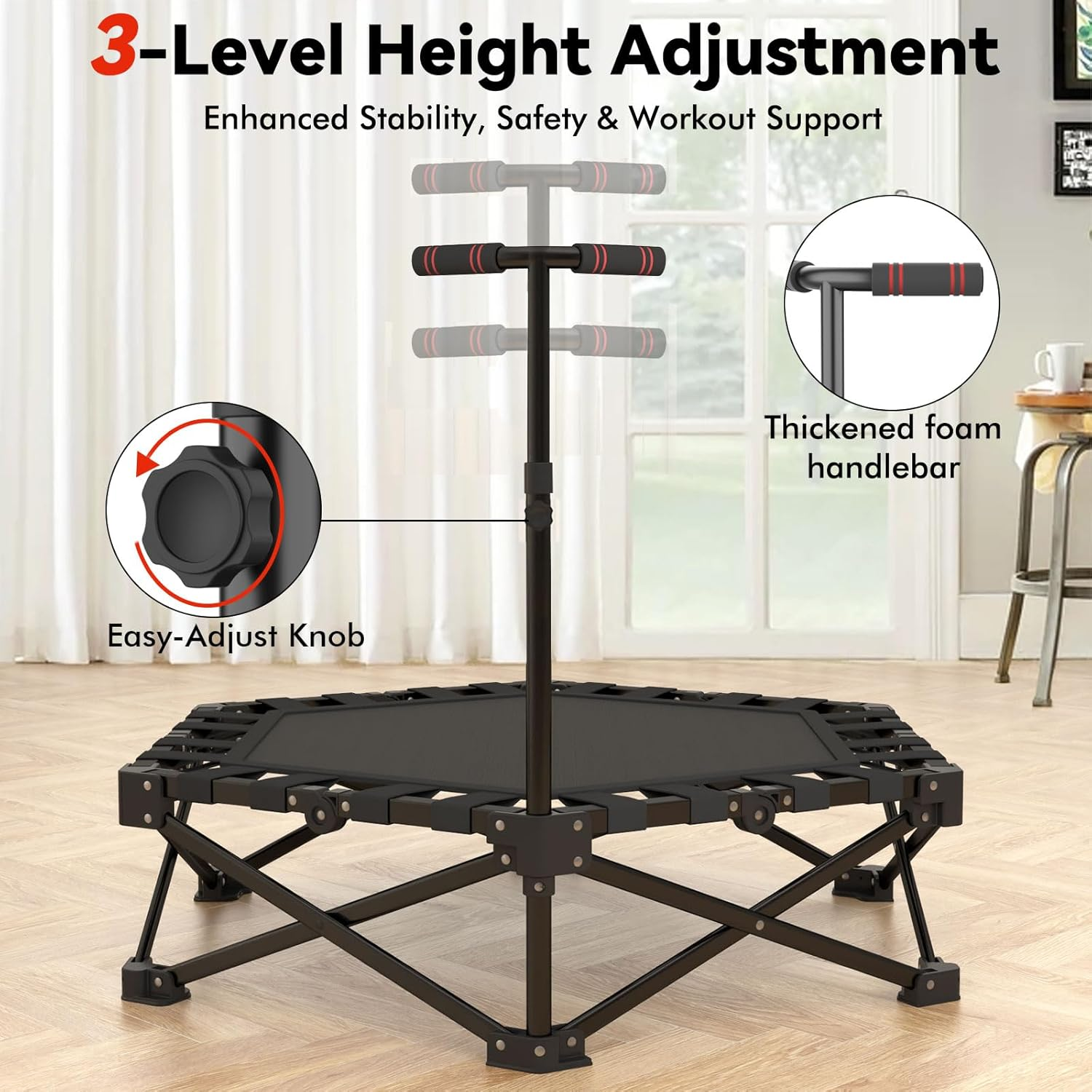 42" Folding Trampoline for Adults Hexagon Workout Trampoline with Steel Frame, Stable Triangular Base, Rebounder for Adults with Bar Mini Trampolines Indoor Adult Supports up to 330LB image number 6