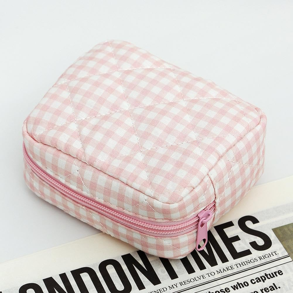 Gingham Ruffle Makeup Bag,Large Travel Cute Cosmetic Bag for Women,Cotton Zipper Pouch and Accessories Storage Bag, Travel Pouch,Aesthetic Puffy Toiletry Bag Make up Organizer (Purple) image number 6