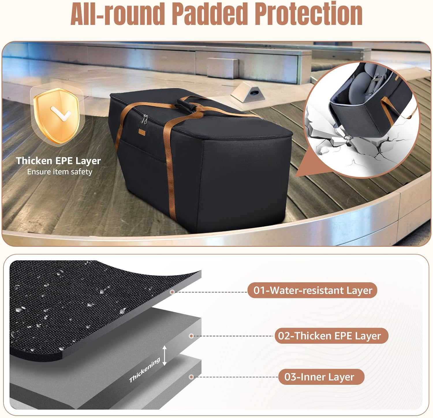 Infant Car Seat Travel Bag with Wheels Fits Chicco Keyfit 30,Nuna Pipa,Uppababy MESA, Padded Car Seat Bags for Airplane, Gate Check Bag with Side Pocket, Removable Cover for Air Travel, Black