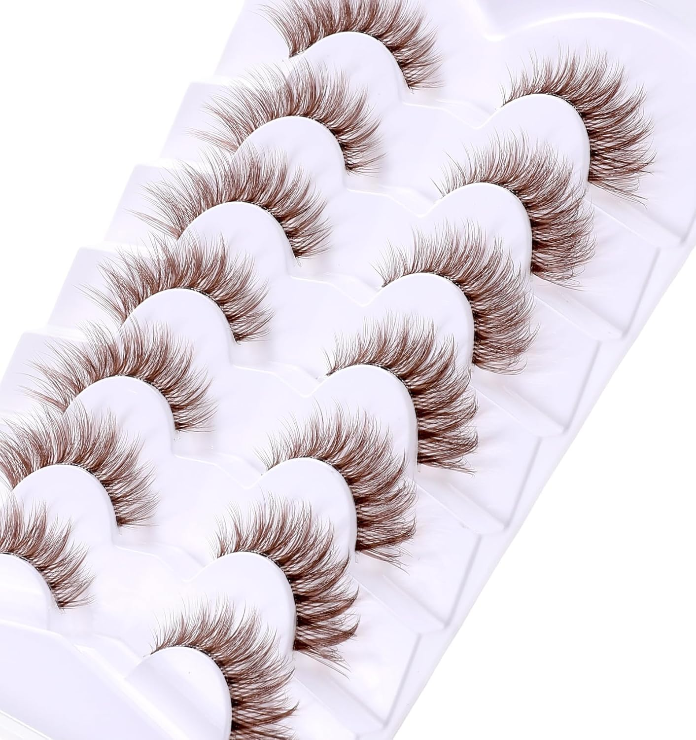 Brown Eyelashes, 7 Pairs Dark Brown Lash Strips, Natural Look D Curl & Lightweight Cat Eye Wispy False Eyelashes with Clear Band for Daily Wear, Women, Makeup Beginners image number 6