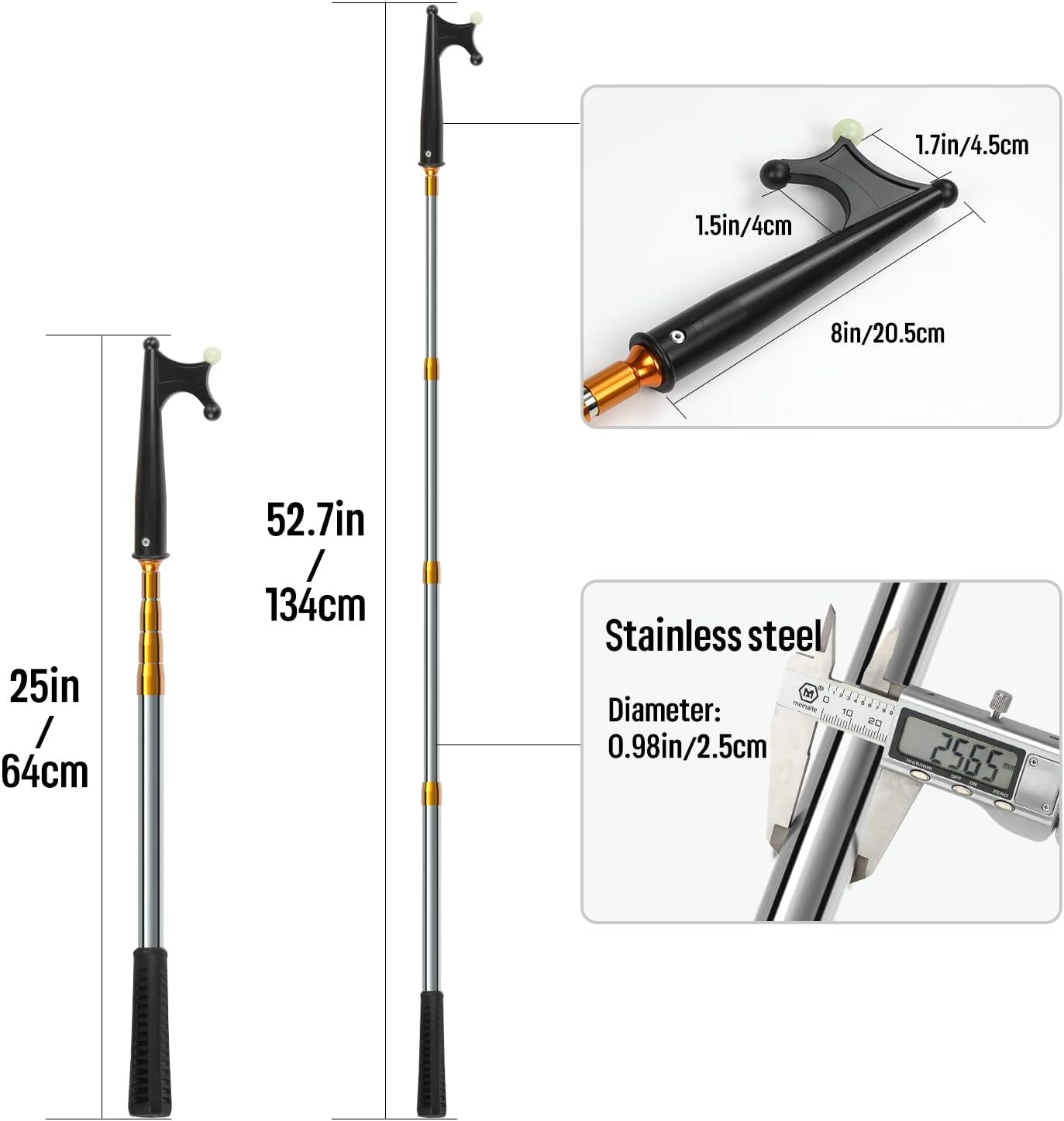 KOMCLUB Telescopic Boat Hook Stainless Steel Boat Push Hook Rod with Luminous Beads Docking Telescopic Rod TPR Non-Slip Handle Boating Accessories Hook Boat Device（Blue/Gold/Black）