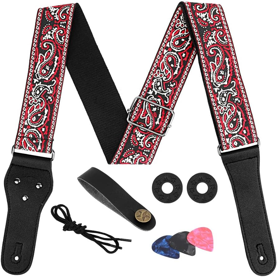 AUTOWT Guitar Strap, Vintage Embroidered Cotton Guitar Straps with Genuine Leather Ends for Bass Electric & Acoustic Guitars with Strap Locks Headstock Buttoned Tie Headstock Lace Tie 3 Guitar Picks