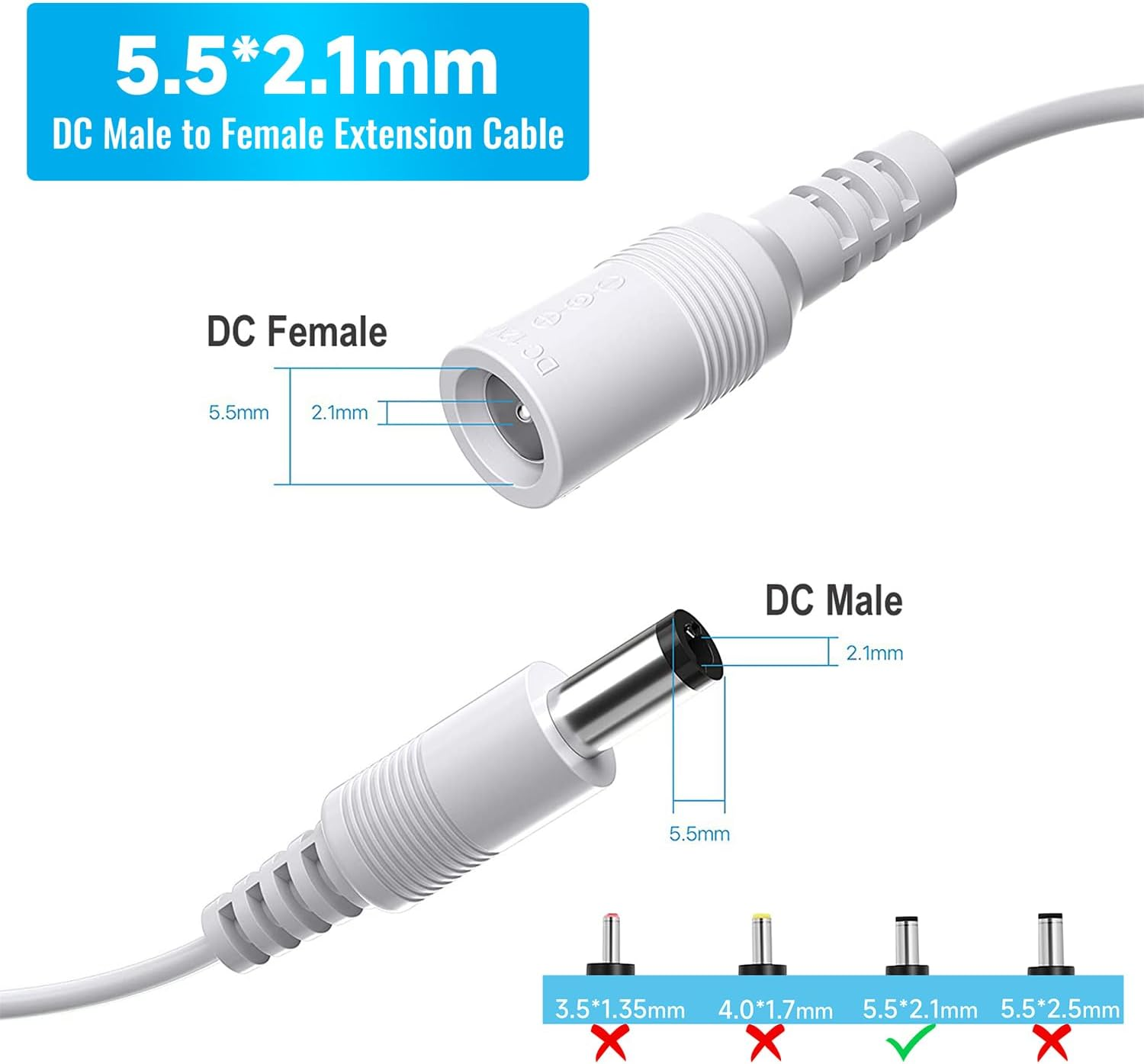 2 Pack Power Extension Cable,2Pcs DC 12V Power Adapter Extension Cord, 10M 33Ft 2.1Mm X 5.5Mm, Compatible with 12V DC Adapter Power Supply or Wall Charger for CCTV Security Camera IP Camera(White)
