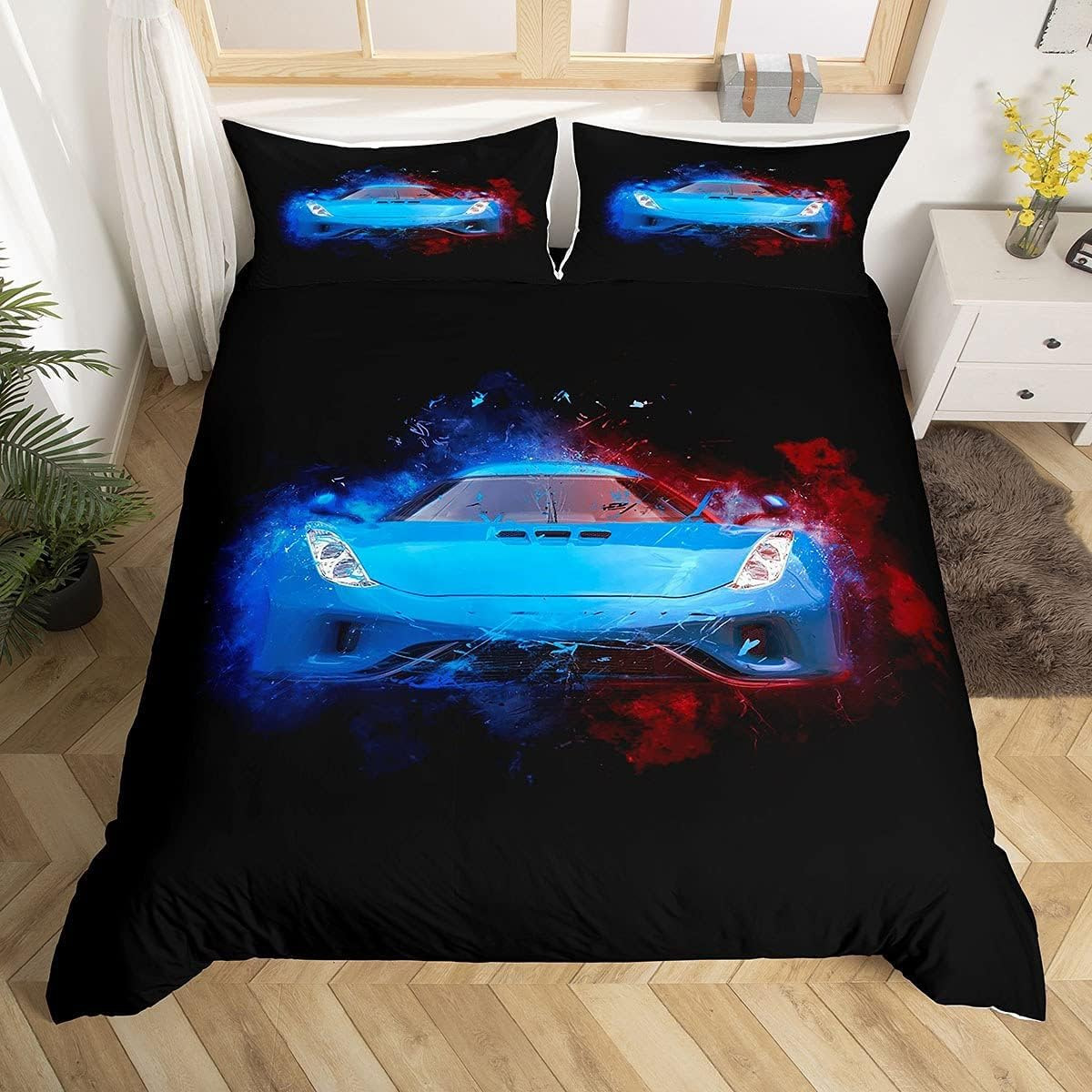 Sports Car Comforter Cover Single Extreme Sports Theme Duvet Cover for Kids Boys Teens Cityscape Racing Car Bedding Set Automobile Style Quilt Cover Luxury Modern Room Decor Bedding Blue Red Yellow image number 3