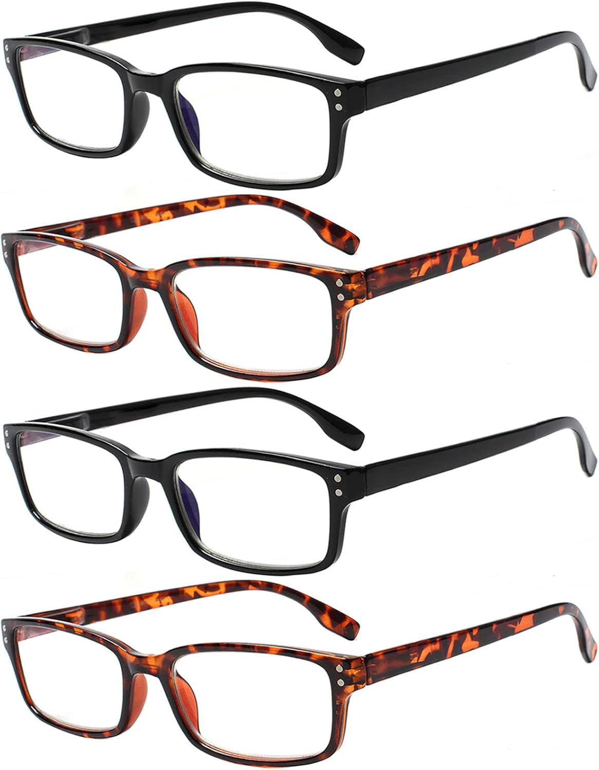 READING GLASSES 4 Pack Spring Hinge Comfort Readers Plastic Includes Sun Readers (2 Black 2 Tortoise, 4.50)