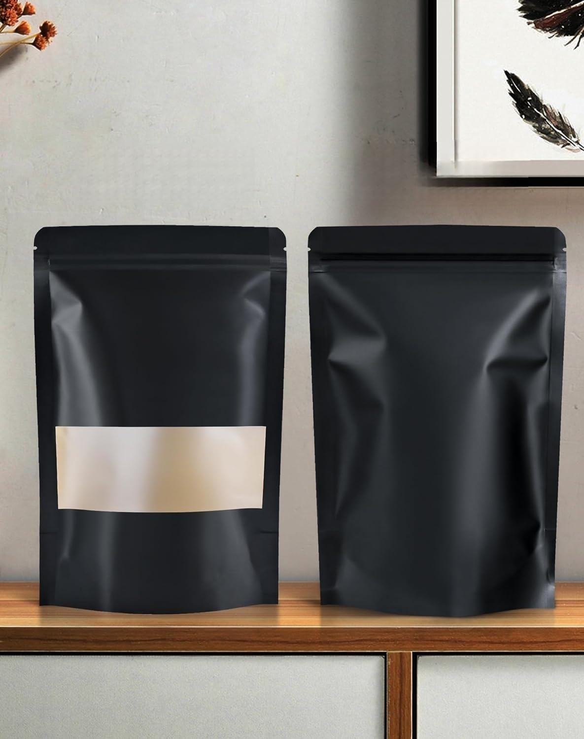 100/50 Pcs Resealable Bags Stand up Black Kraft Paper Bags with Matte Window, Zip Lock Food Storage Bags for Packaging Products, Reusable, Sealable (Black/50Pcs, 10X15Cm) image number 5