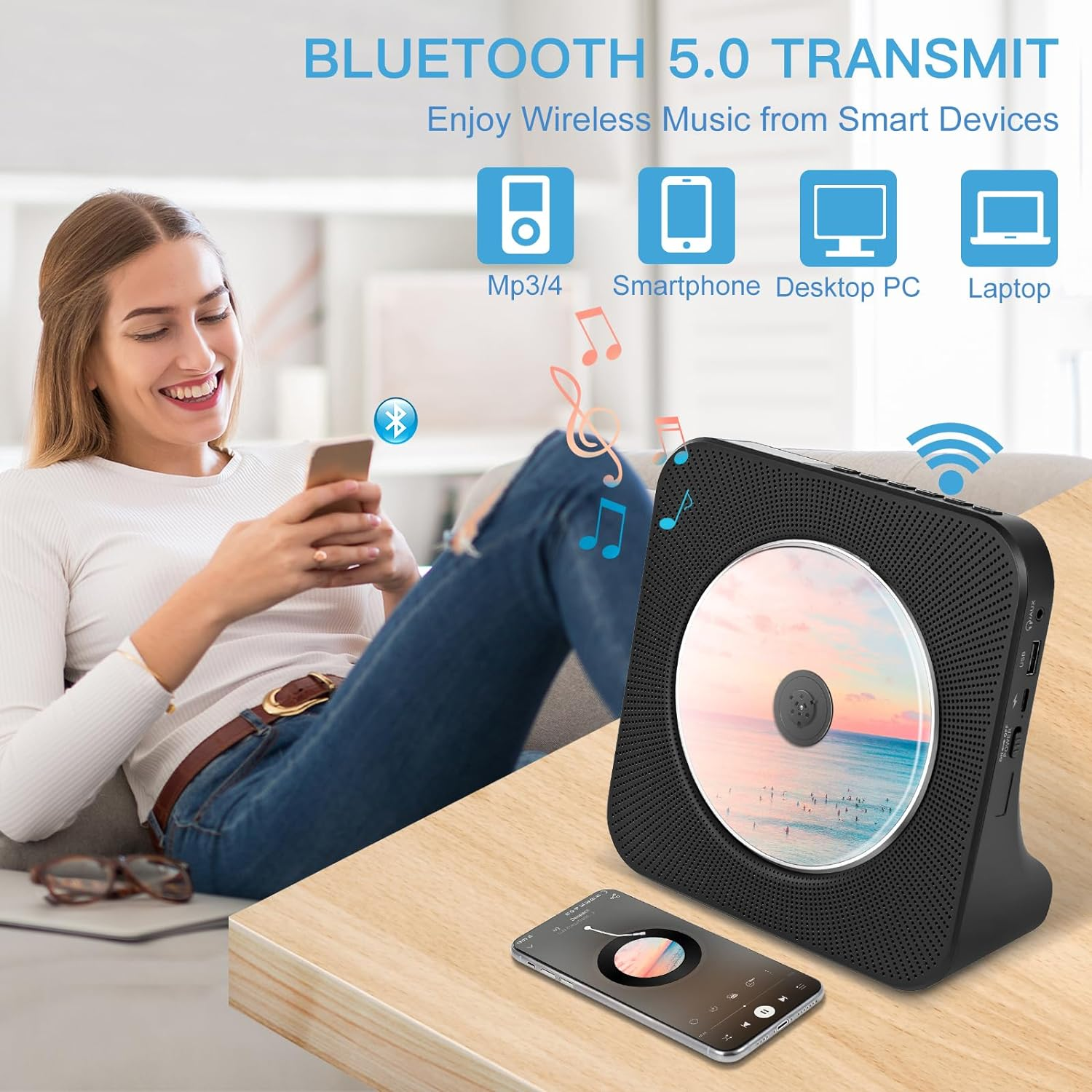 CD Player Portable with Bluetooth, FM Radio CD Players with Hifi Speakers, USB/AUX Ports, Desktop CD Music Player for Home, Black CD Player from SHIWAKOTO image number 2