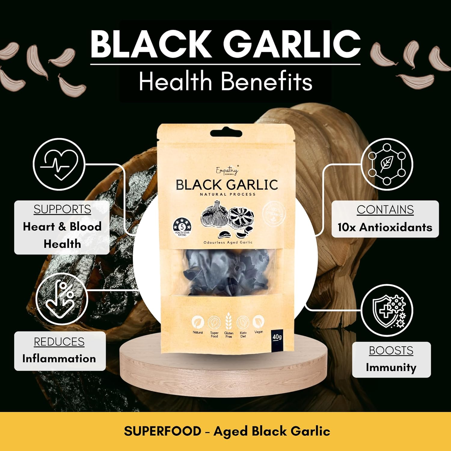Empathy Herbal Premium Organic Black Garlic Peeled Cloves - Odorless & Delicious (40G) image number 1