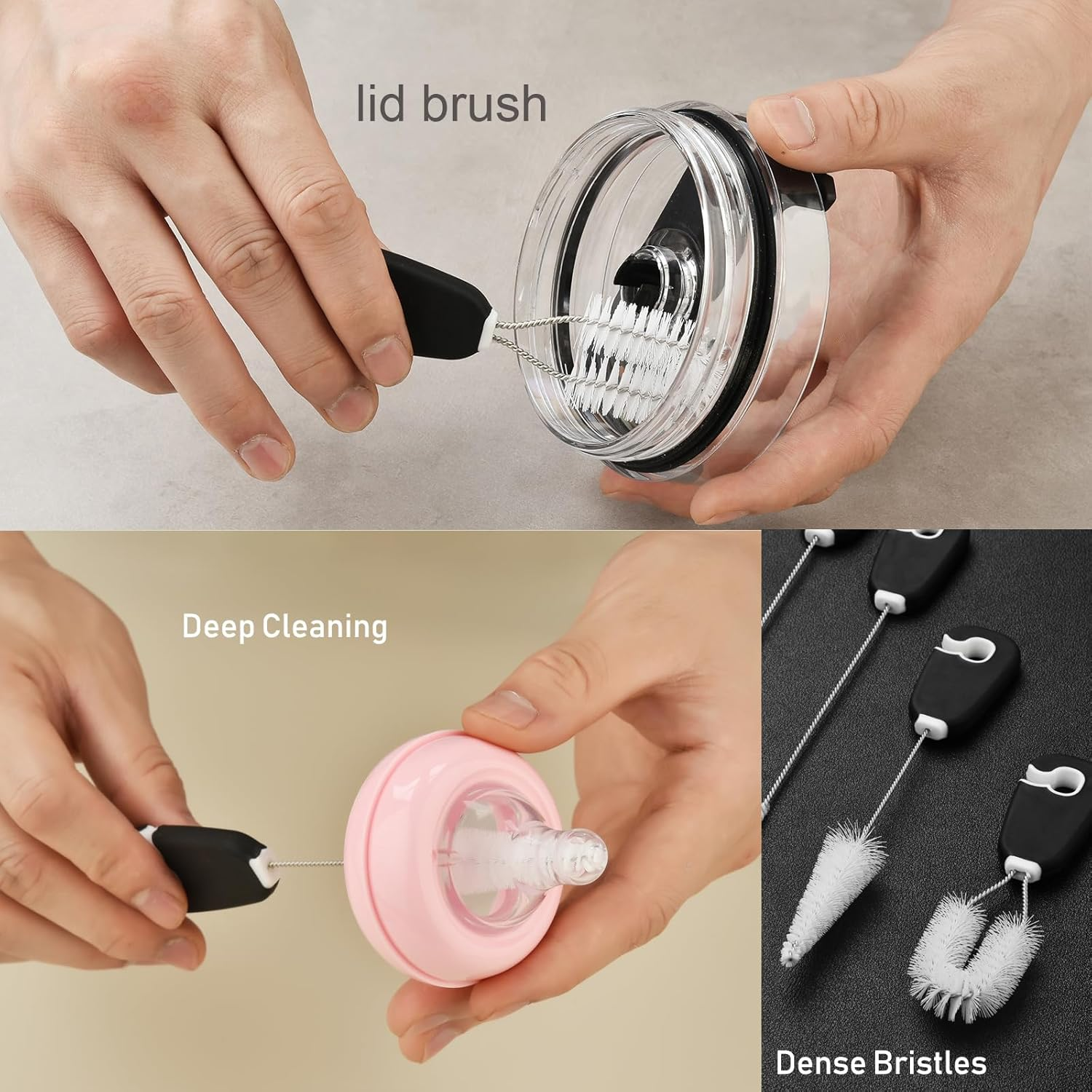 ALINK 5 Pack Water Bottle Brush Cleaning Set with Holder, Bottle Cleaner with Stand, Straw Brush, Nipple Brush, Lid Brush for Stanley 40OZ/30OZ Tumblers, Drinking Glass, Baby Bottles, Jugs - Black - Grey image number 4