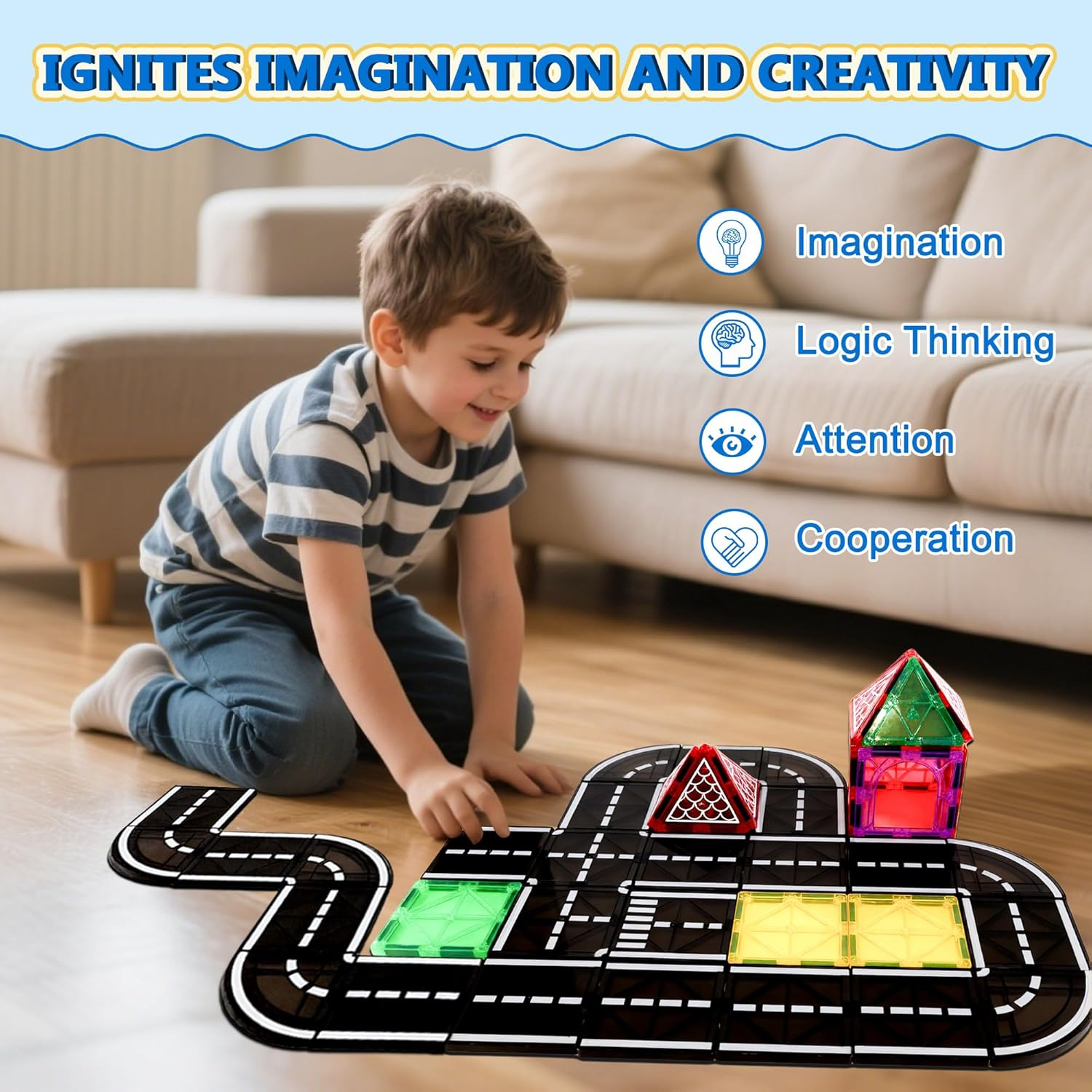 OMIPAWZ Magnetic Road Tiles Set, STEM Magnet Building Blocks Toys for Kids Age 3-8 image number 4