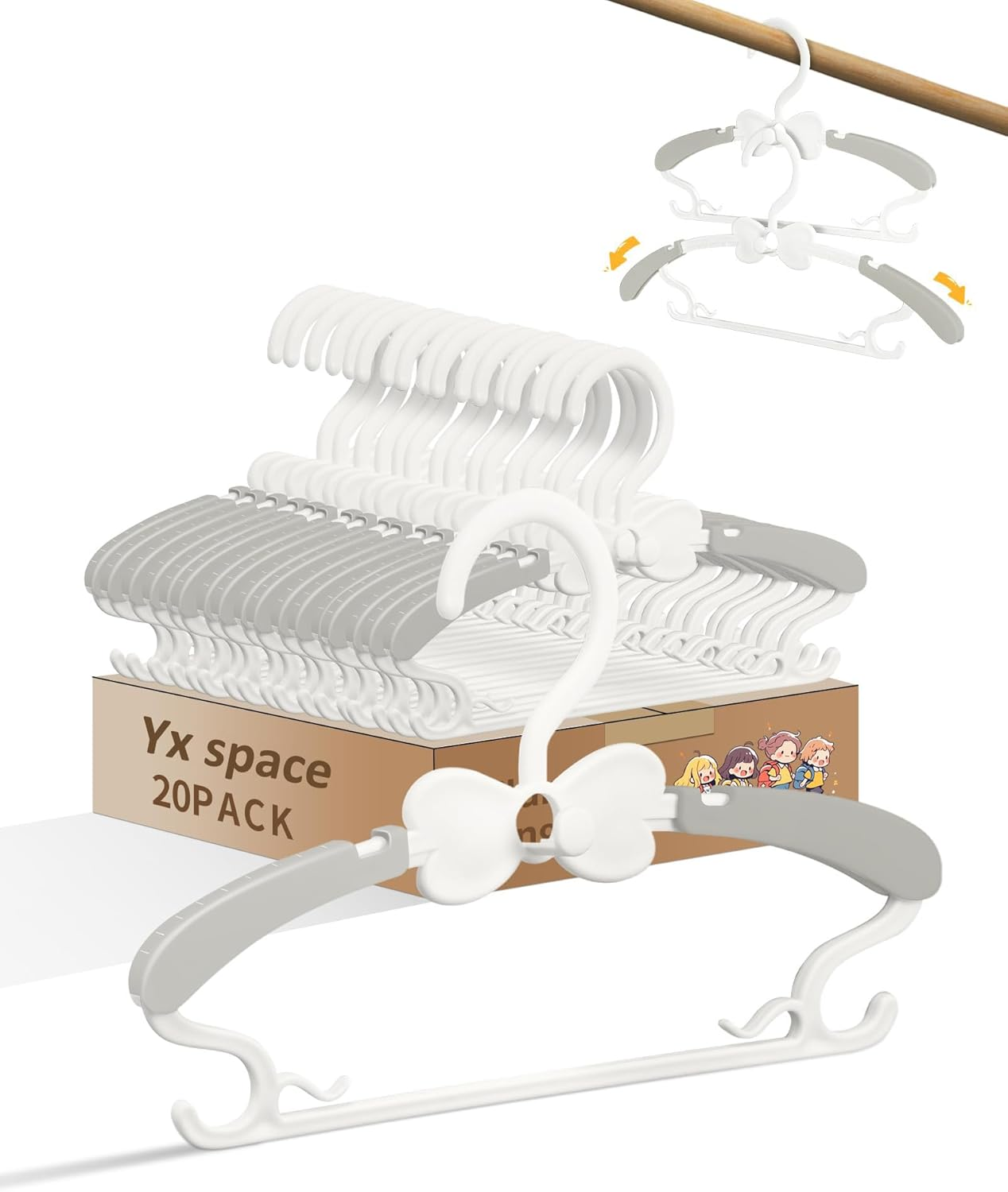 Baby Hangers for Closet 20Pcs, White Kids Coat Hangers Plastic, 28-36Cm Adjustable Toddler Hangers with Bow Hook, Non-Slip Childrens Hangers for Girl Boy Toddler Children Newborn Clothes