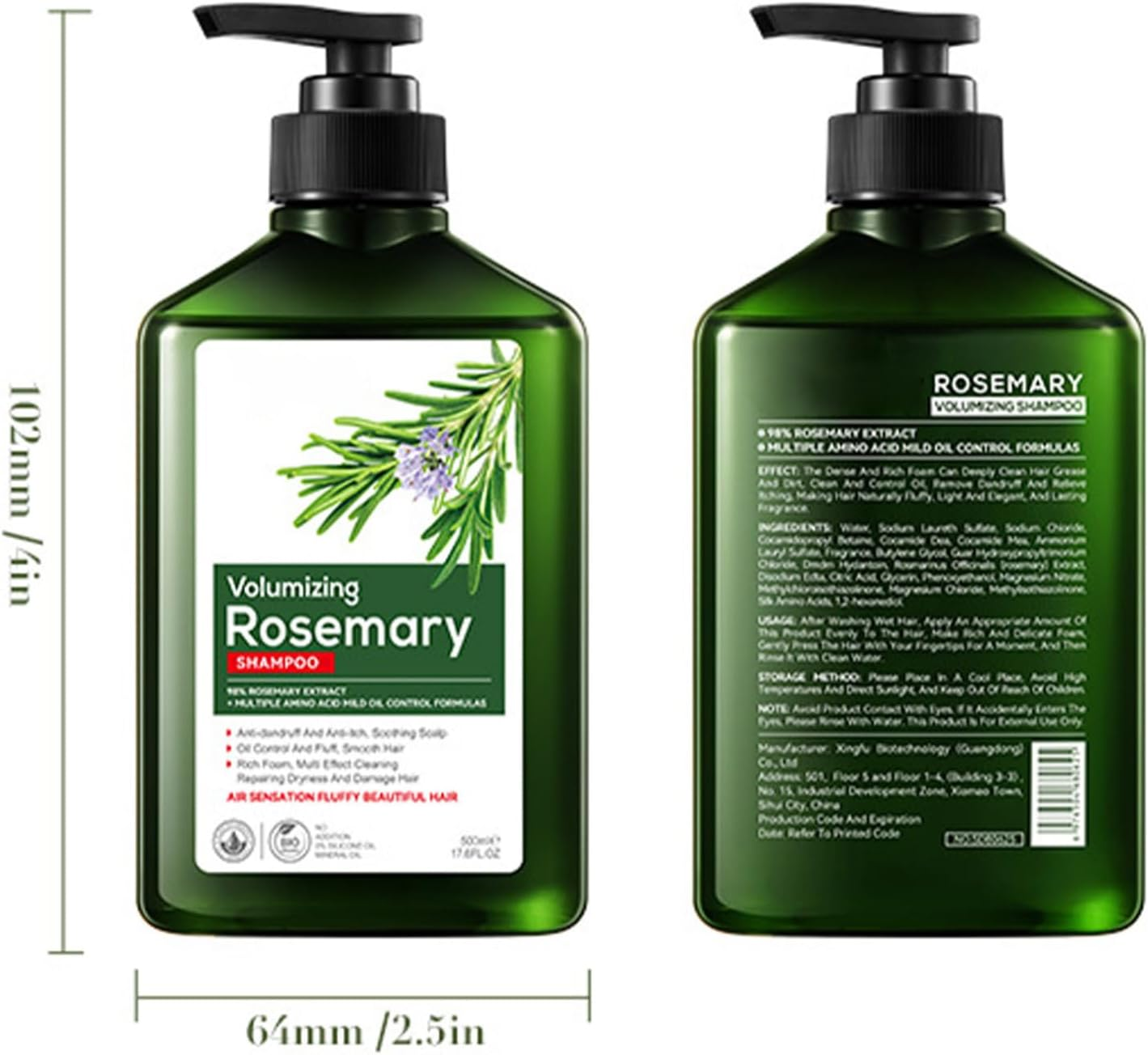 Tiaobug Rosemary Shampoo 500Ml Hydrating for Dry Damaged Hair Gentle Cleanse Dandruff Control Itchy Scalp Care Oil Balance Shine Hair Strength Green One Size
