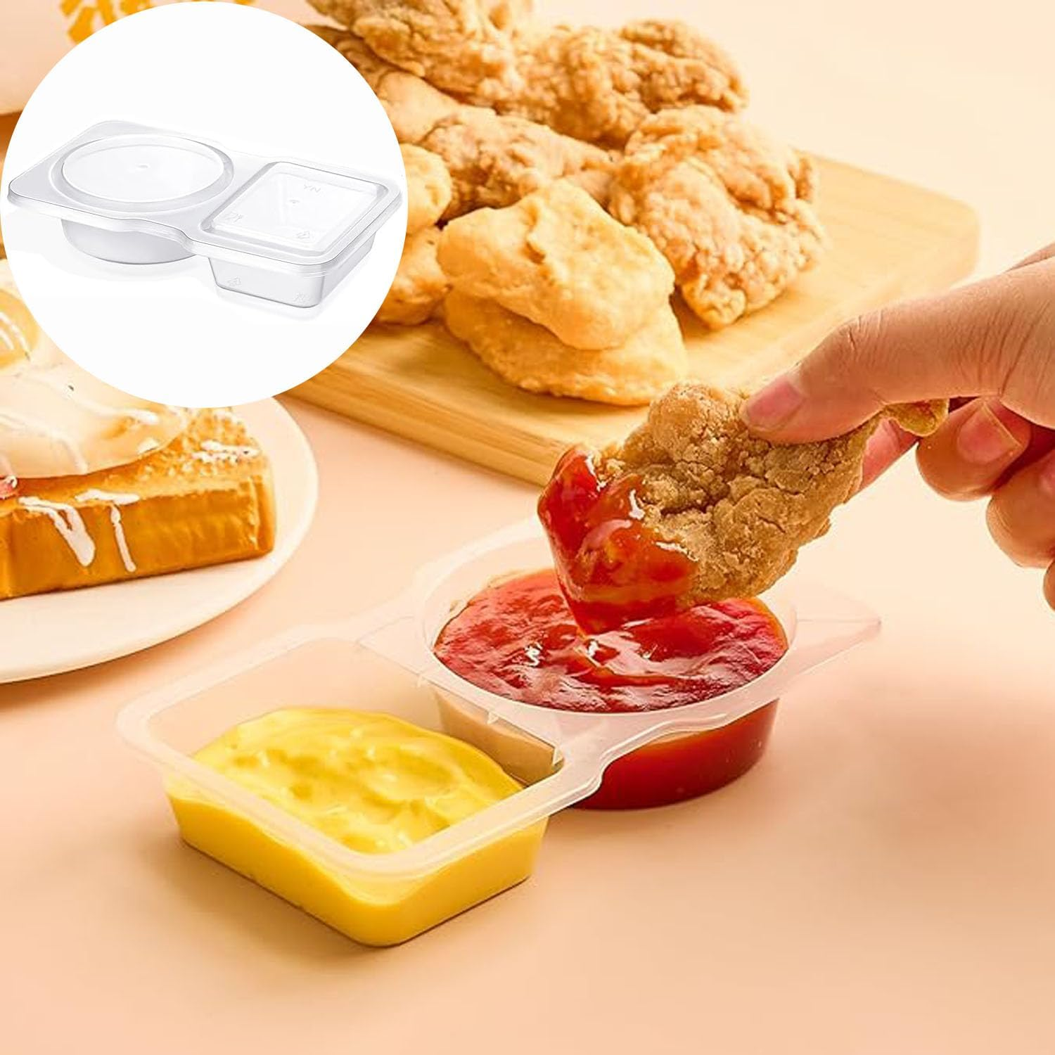 40 Pcs Double Compartment Condiment Container with Lids Disposable, 2 Compartment Snack Containers Reusable Plastic Sauce Containers for To-Go Sauce, Travel Snack, Sampling