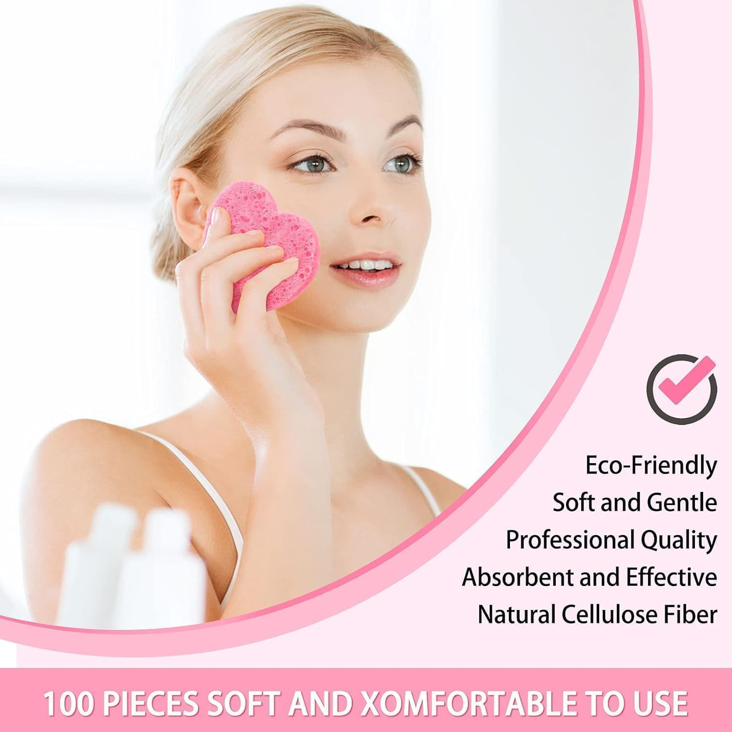 100 Pieces Facial Sponges, Heart Shape Compressed Face Sponge Natural Sponge Pads for Washing Face Cleansing Exfoliating Esthetician Makeup Removal (Pink)