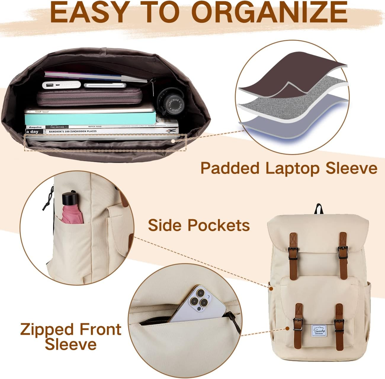 Backpack for Men Women,Vaschy Vintage Casual School Daypack Lightweight Camping Rucksack Travel Backpack Bookbag With15.6In Laptop Sleeve Light Camel image number 2