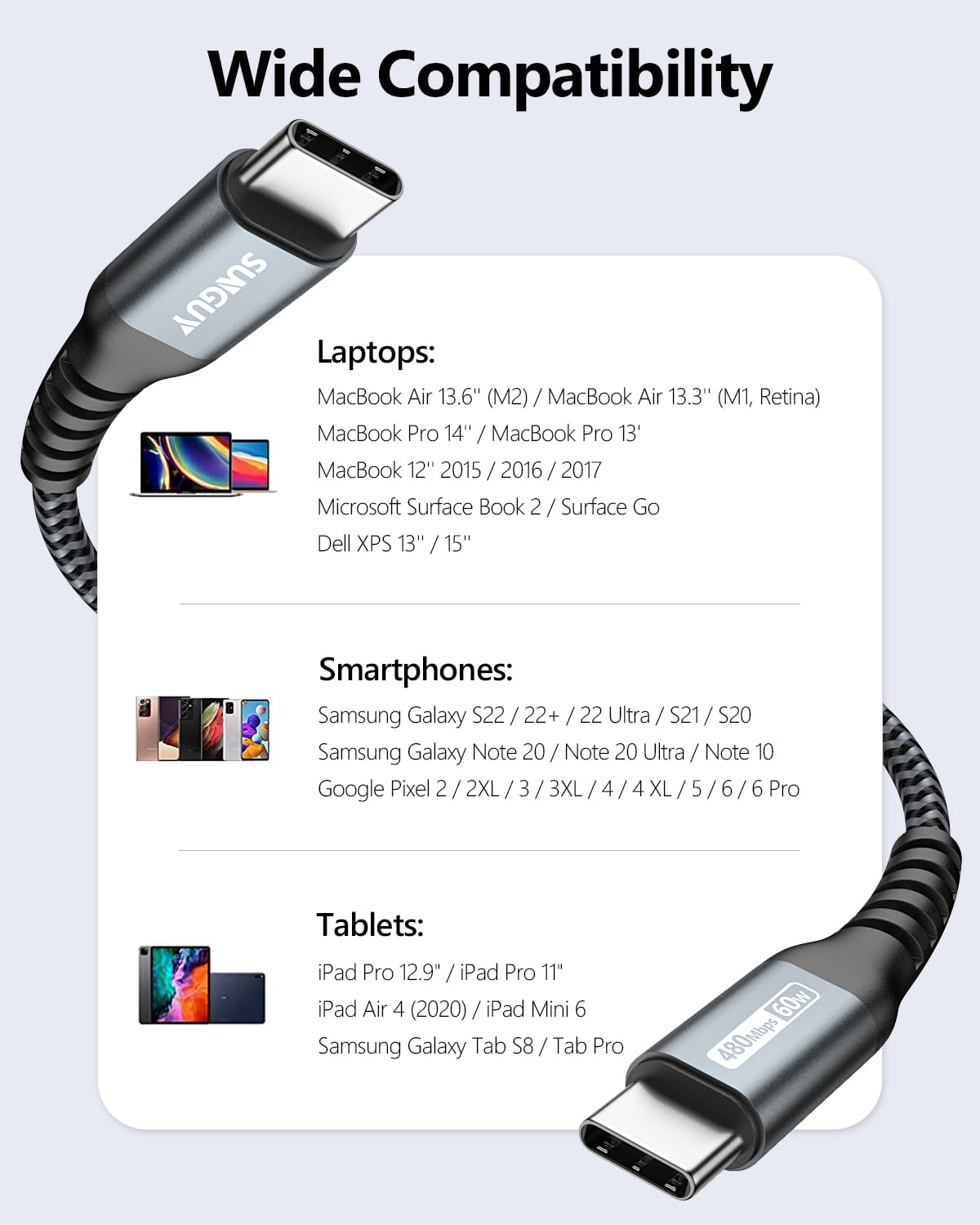 SUNGUY USB Type C to C Cable 0.5M 2-Pack, 60W Fast Charging USB C to USB C Charging Cable for Iphone 17/16/15 Series, Galaxy S24 S23, Macbook Air, Pixel 8/8 Pro and More Grey image number 3