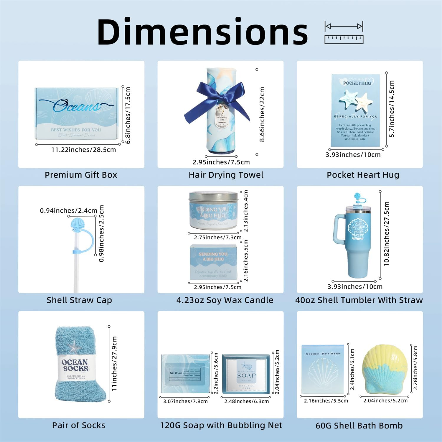 Birthday Gifts for Women,Ocean Themed Self Care Package Spa Gift Baskets Get Well Soon Gift Set with 40Oz Shell Tumbler, Soy Candle, Bath Bomb, Hair Towel, Fuzzy Socks, Soap, Blue