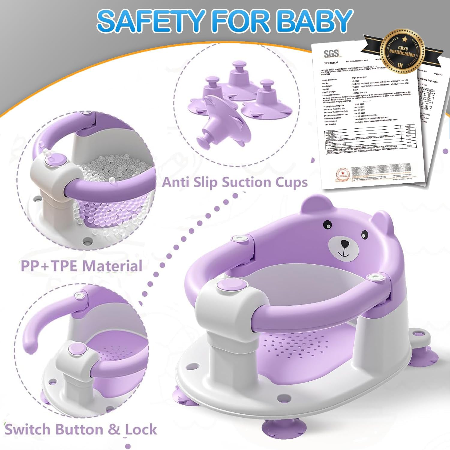 Baby Bath Seat for Babies 6 Months & Up, Toddler Bath Seats for Babies Sitting Up, Non-Slip Infant Bath Tub Chair with 4 Suction Cups & Soft Cushion for Shower, Compact Toddler Bathtub Seat Purple image number 2