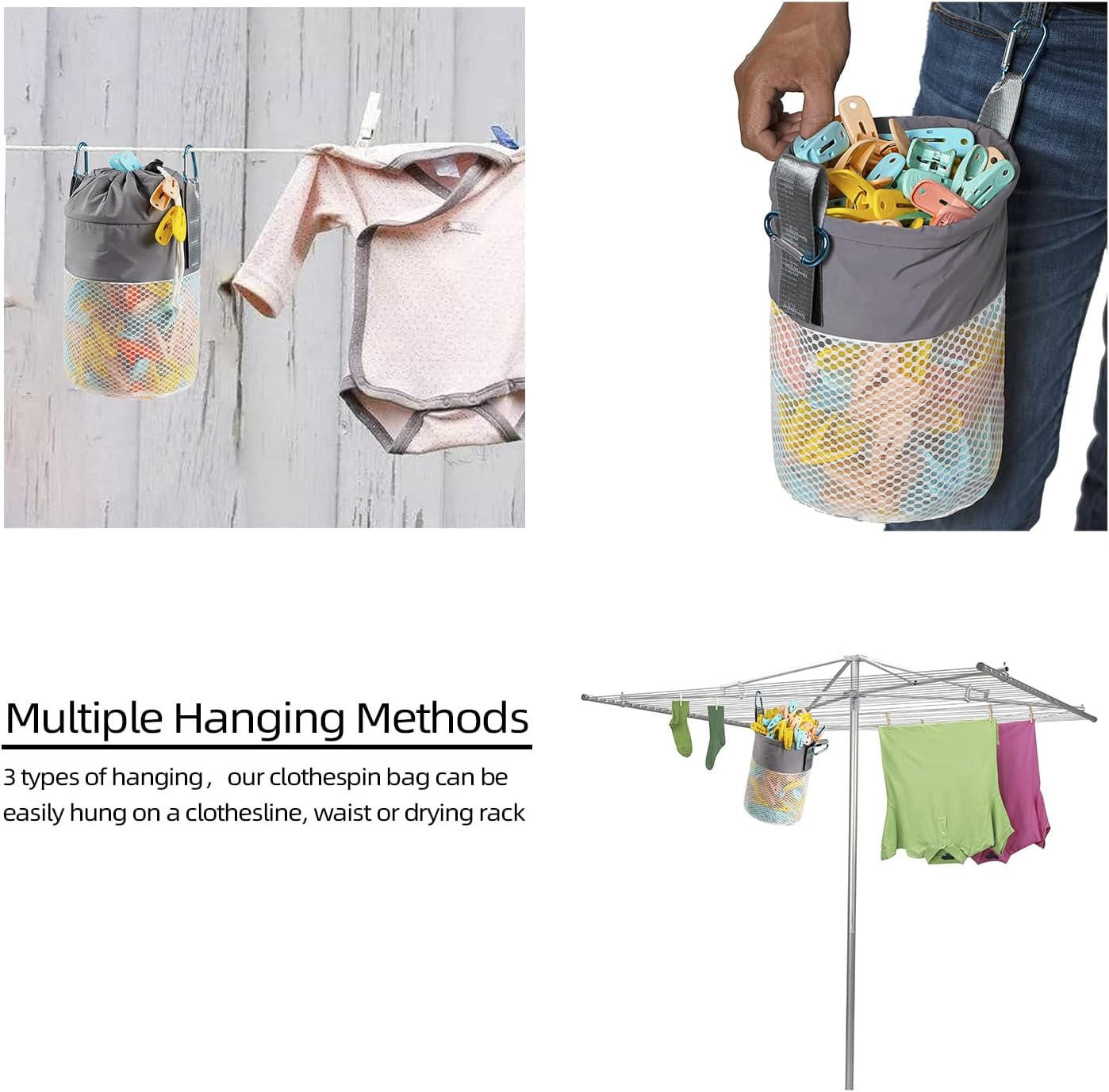 Mesh Clothespin Bag Holder Outside, Multiple Hanging Methods Clothes Pin Bag with Drawstring Closure, Ventilation and Moisture Resistance, Large-Capacity Clothespin Storage Organizer with Hooks image number 3