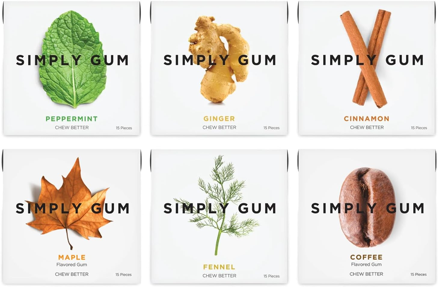 Simply Gum | Natural Chewing Gum | Variety Pack - Peppermint, Cinnamon, Ginger, Fennel, Maple, Coffee | Plant-Based + Plastic-Free + Aspartame-Free | Pack of Six (90 Pieces Total) (Variety (Original)) image number 2