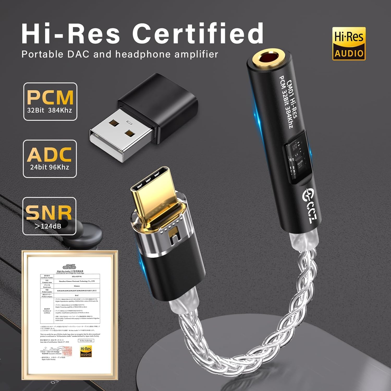 USB C to 3.5Mm Audio Headphone Adapter with CX31993 MAX97220 Dual Chip Dongle Hi-Res DAC, USB-A and Type C/USB-C to Aux Adapter, CCZ CM01 8-Strand Single Crystal Copper Silver-Plated IEM Cable (Black) image number 2