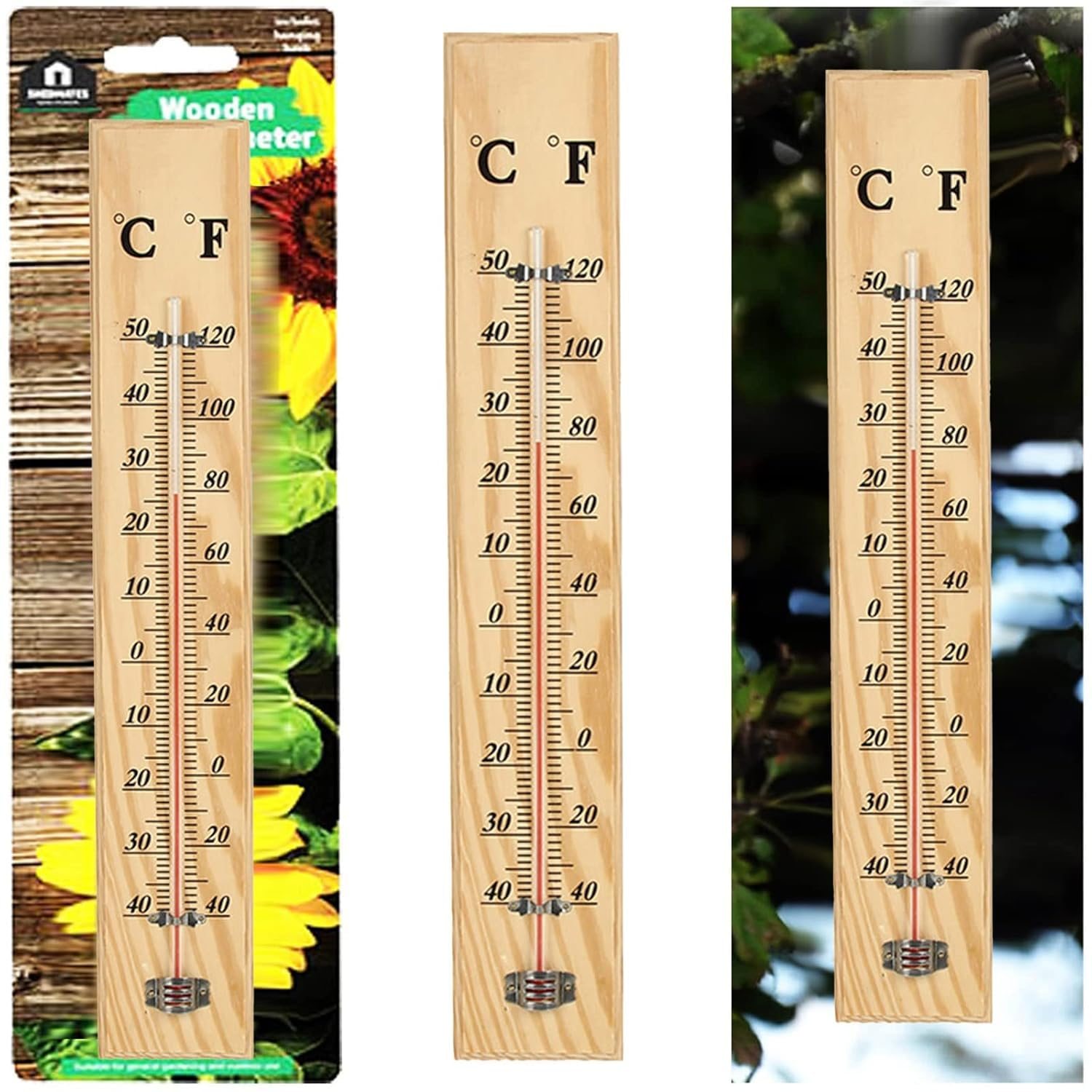 40X7X1Cm Wooden Thermometer Wall Mounted Indoor Outdoor Garden Home Office Temperature Decoration image number 1