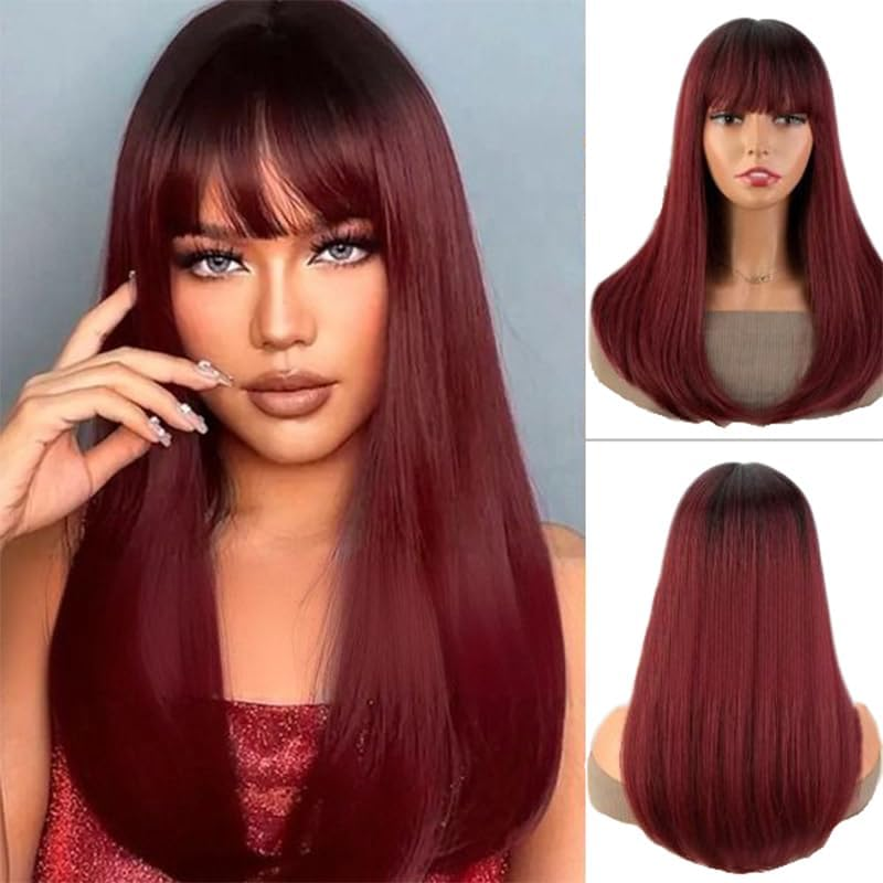 Long Straight Wigs for Women Women Synthetic Full Hair Natural Wine Red Ombre Wig with Tidy Fringes for Cosplay Costume or Daily Life (Wine Red, 26Inch) image number 4