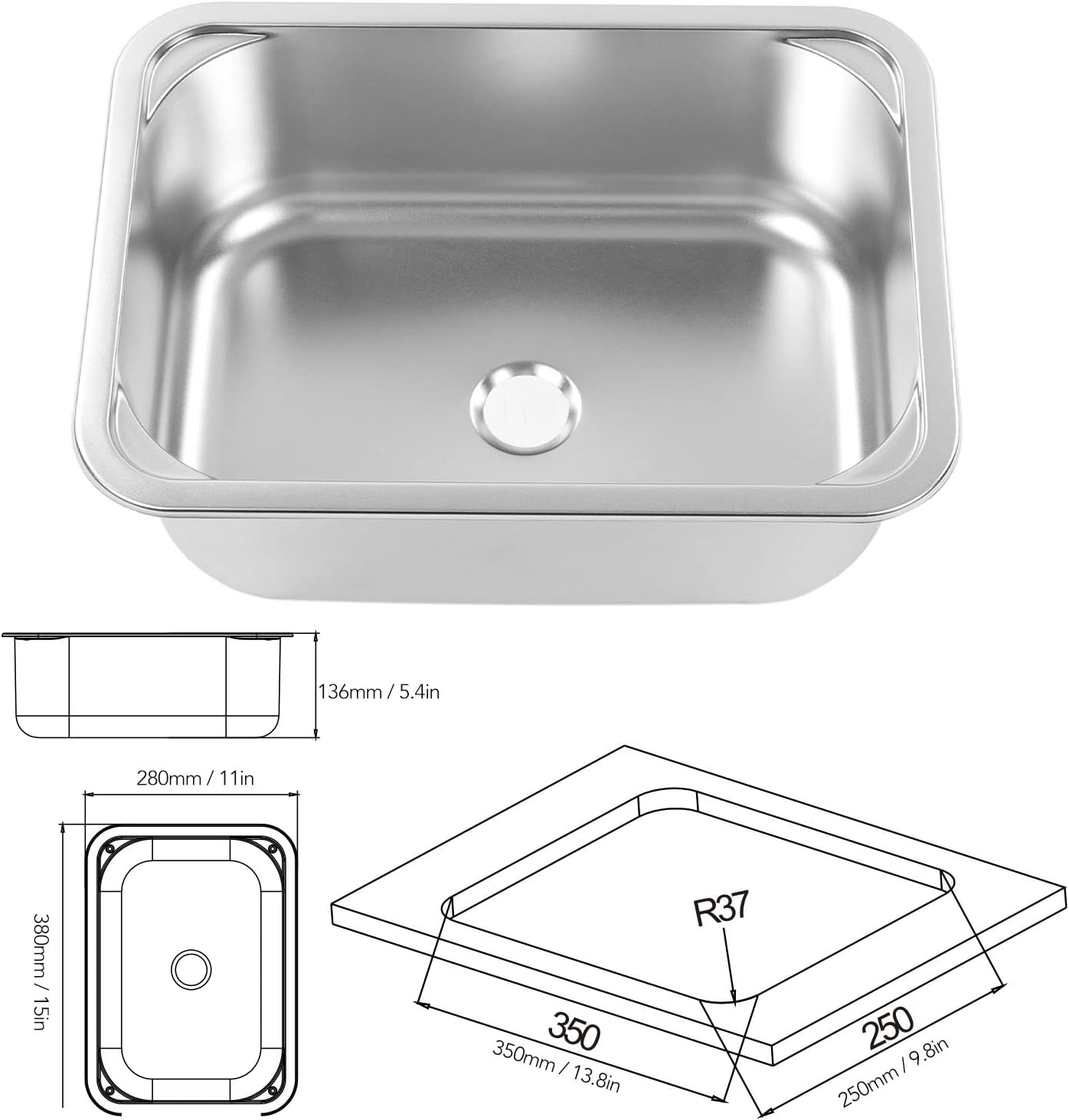 Jiawu Stainless Steel RV Sink, Space Saving Drop in Hand Wash Basin Sink with 40Mm Drain, Large Capacity Single Bowl Sink for Rvs, Campervans, Yachts, Boats, Kitchen, 345X245X136Mm image number 6