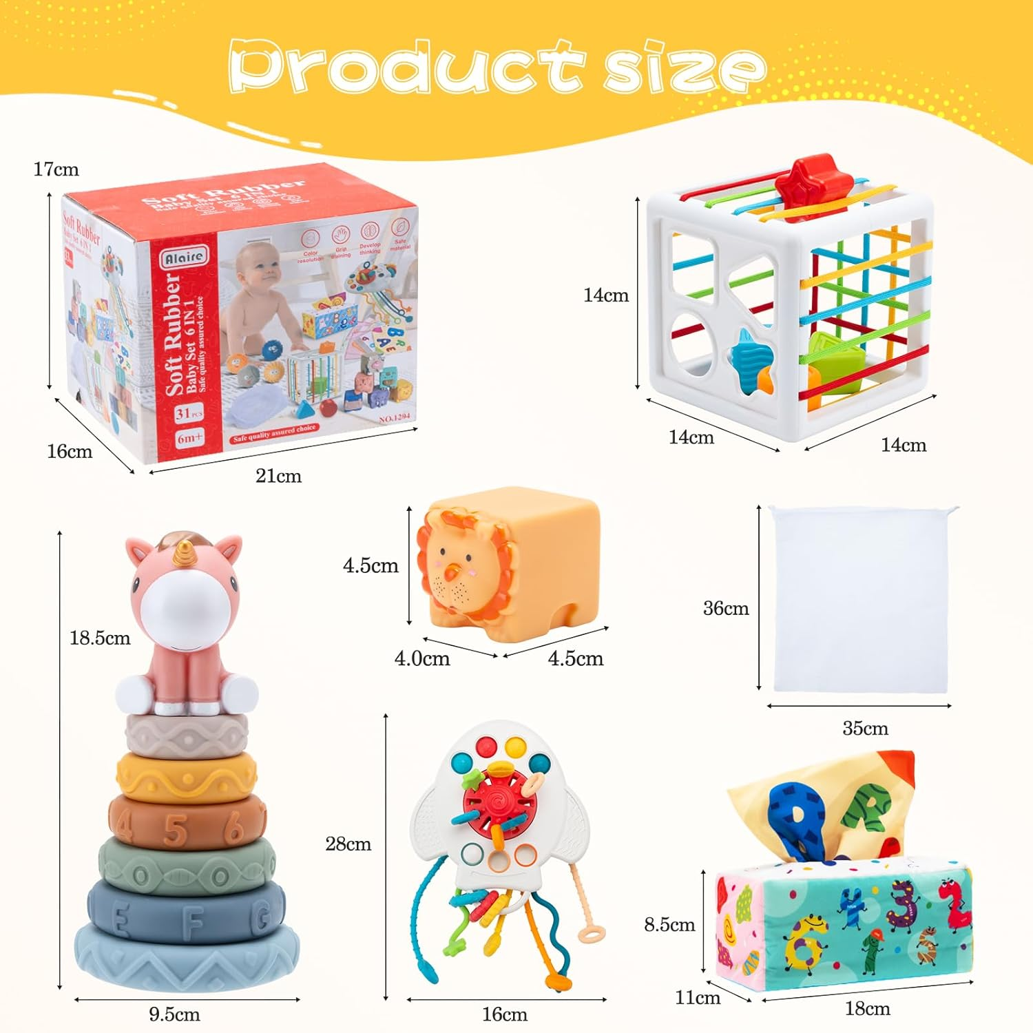 Baby Toys 6-12 Months, 5 in 1 Montessori Toys for Baby, Infant Soft Building Blocks, Stacking Rings, Pull String, Tissue Box and Shape Sorter Cube Toy, Toddlers Aged 1-3 image number 1