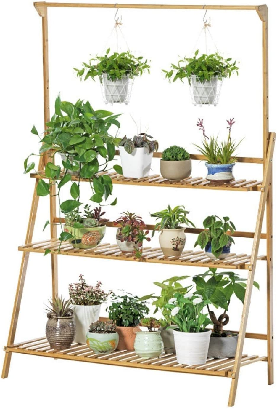 Gominimo Bamboo Plant Stand 3 Tier Hanging Plant Stand Planter Shelves Flower Pot Organizer with Bamboo Frame (Light Brown) image number 5