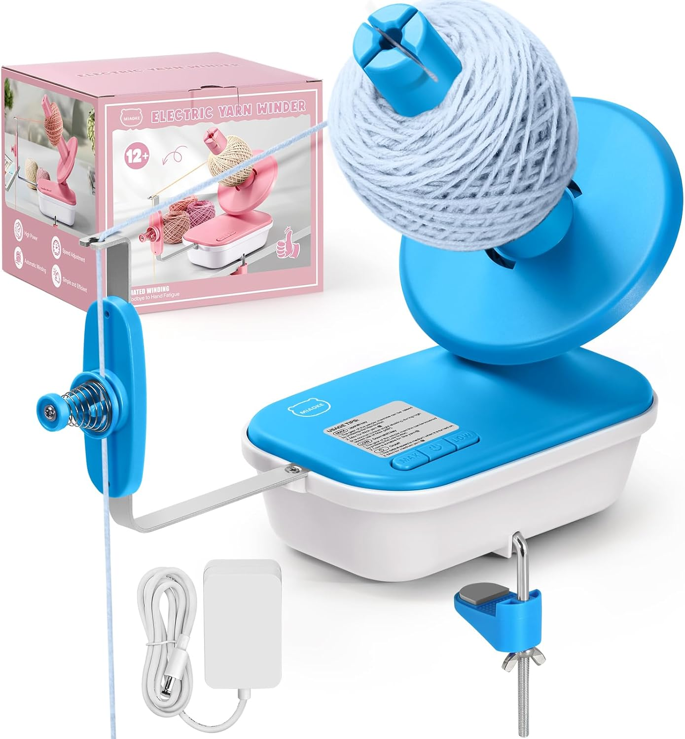 MIAOKE Yarn Winder for Knitting, Yarn Winder, Easy to Install and Use, Heavy Duty, Wire Winder with Metal Handle, Practical Yarn Table Ball Winder, Wool-Blue