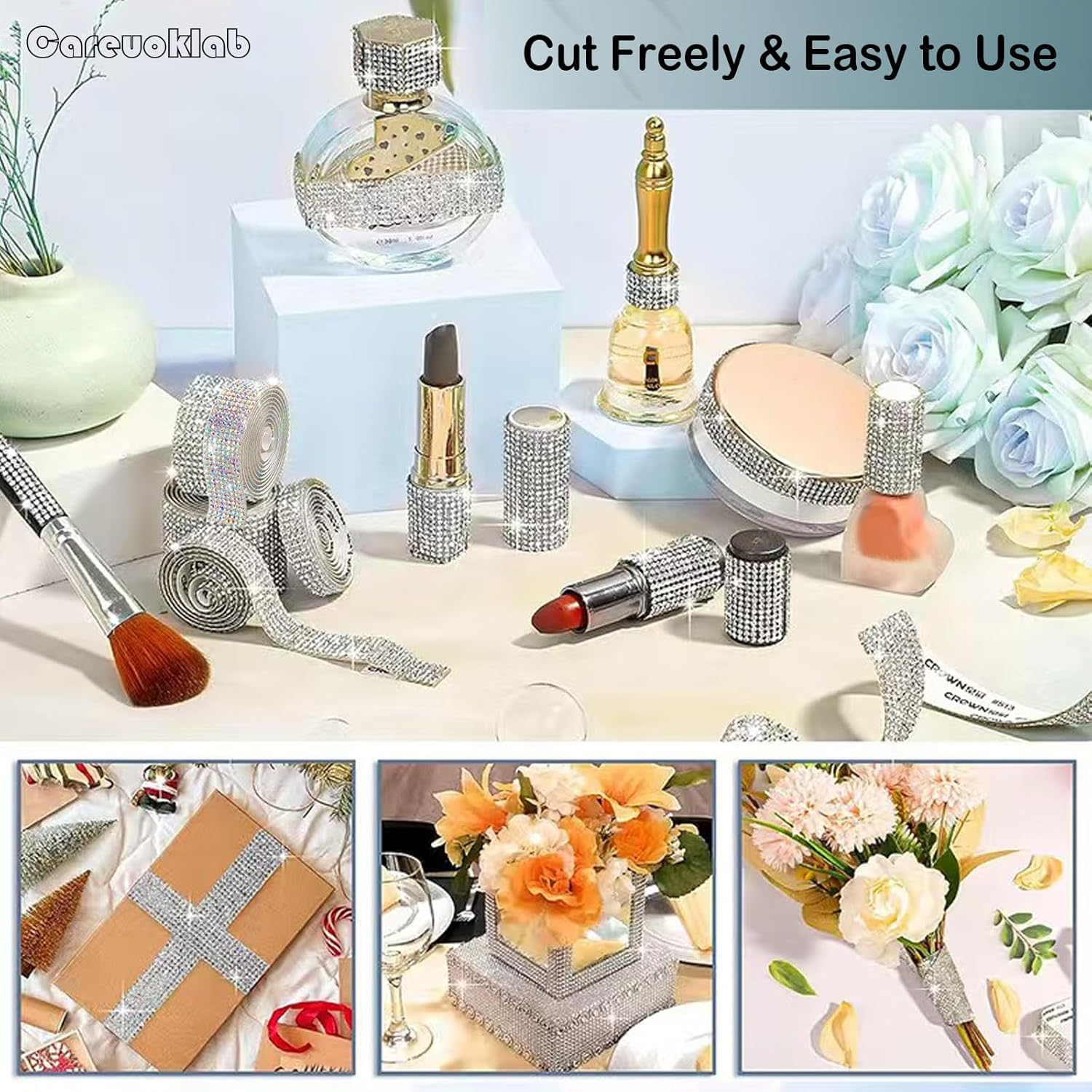 4 Rolls 8 Rows Self Adhesive Rhinestone Ribbon Crystal Diamond Sticker Bling Ribbon DIY Decoration with 2 Mm Rhinestone for Wedding Party Decor, DIY Art Craft 4 Yards (Crystal Clear) - Emerald/Green image number 3