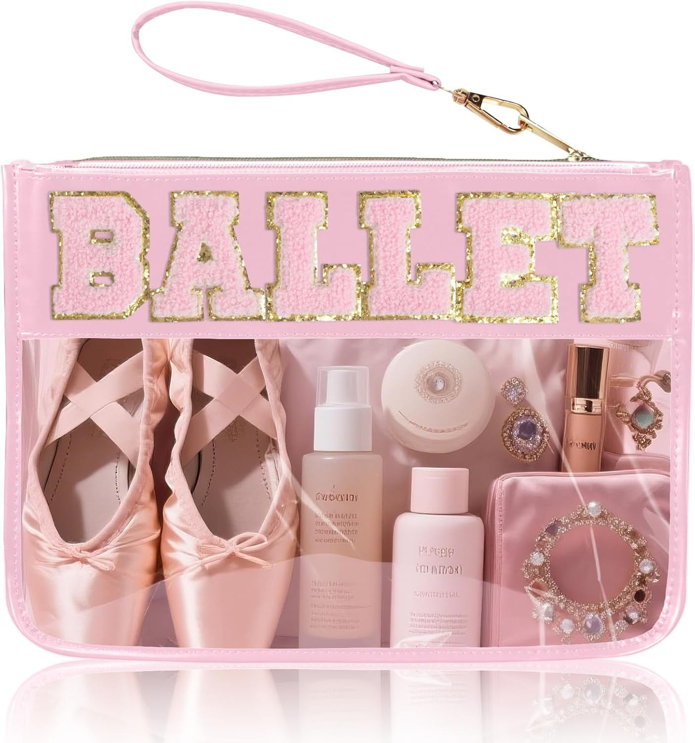 Burskit Snacks Bag Clear Chenille Varsity Letter Zipper Pouch Travel Makeup Bag Aesthetic Storage Organizer Pouches for Women with Glitter Patch Letters (Black-Snacks)