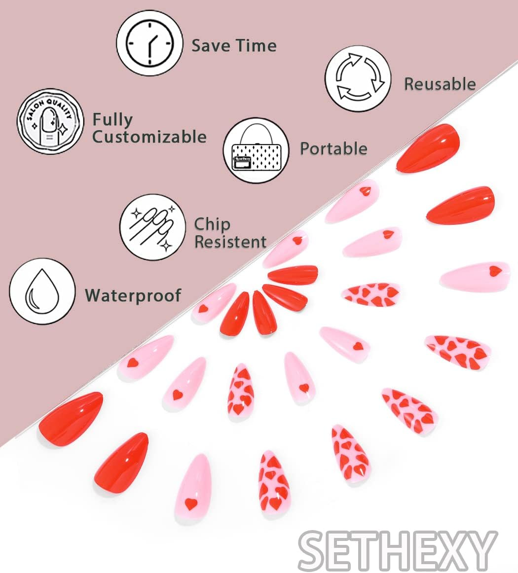 Sethexy Almond False Nails Heart Print Stiletto Stick on Nails Pink Fake Nails 24Pcs Acrylic Art Press on Nails for Women and Girls image number 2