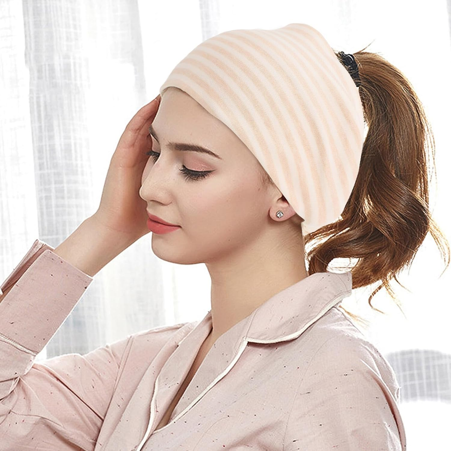 2 Pcs Windproof Maternity Confinement Hat and Scarf Comfortable Soft Covers for Postpartum Mothers Warm Flexible Striped Dome Caps for Night Sleep