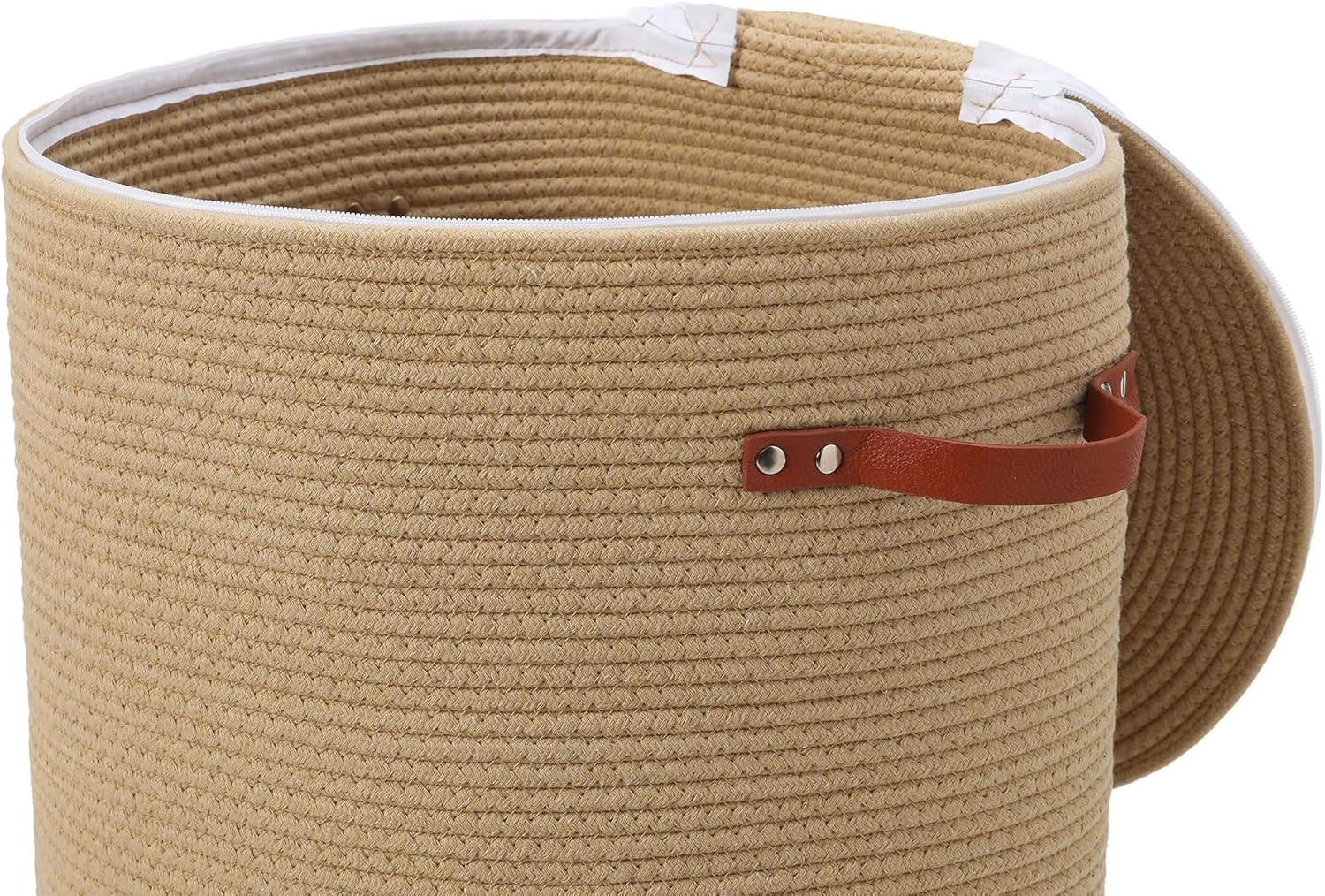 Extra Large Cotton Rope Storage Basket with Lid and Zipper, Versatile Laundry Hamper and Cloth Bin for Clothes, Towels, Blankets, Living Room Organization (All Beige, 16"X20") - All Black image number 4
