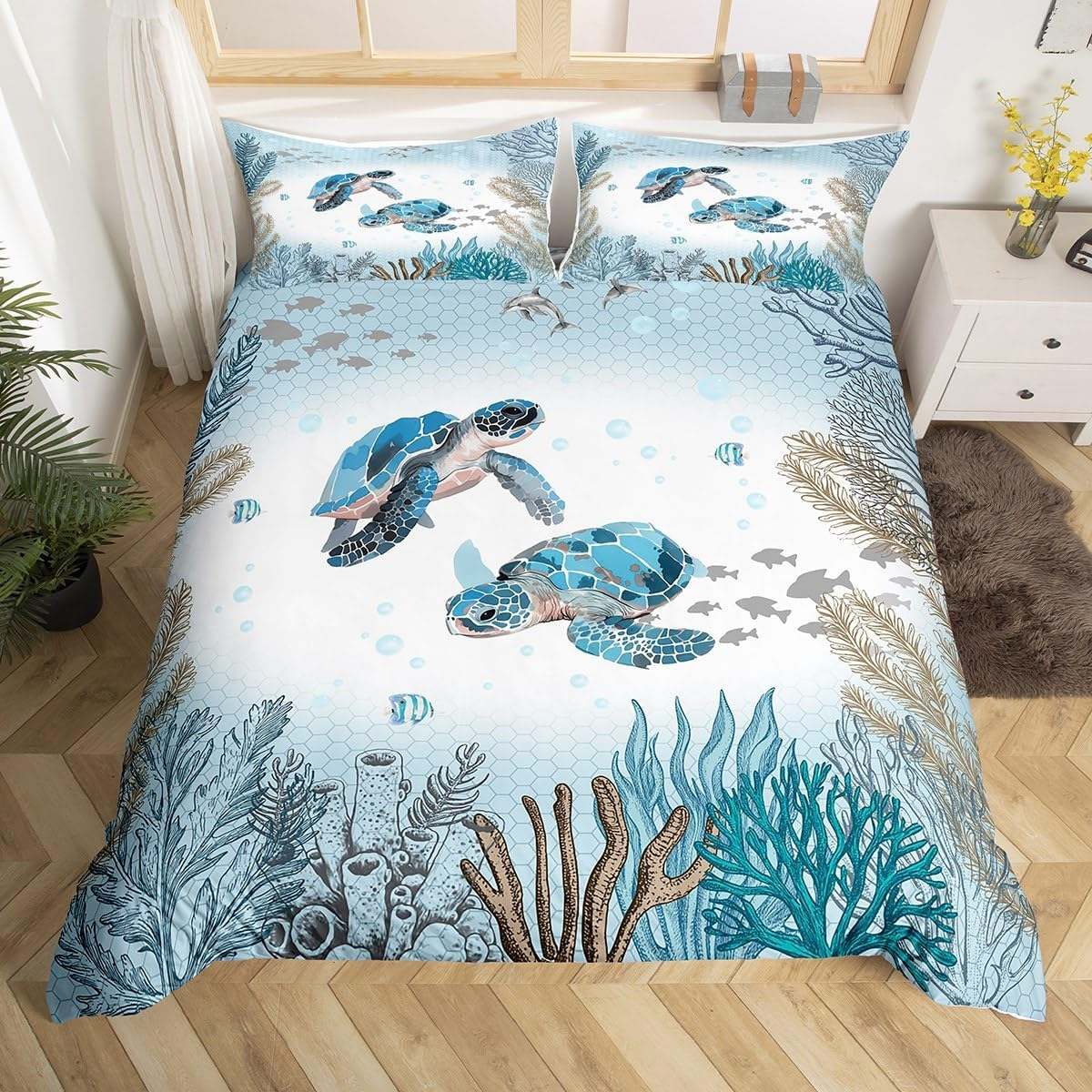 Sea Turtle Duvet Cover 135 X 200 Cm Teal Blue Ocean Coastal Bedding Set Underwater World Comforter Cover for Children Boys Girls Coral Reef Fish Bed Set Kawaii Marine Life Room Decoration