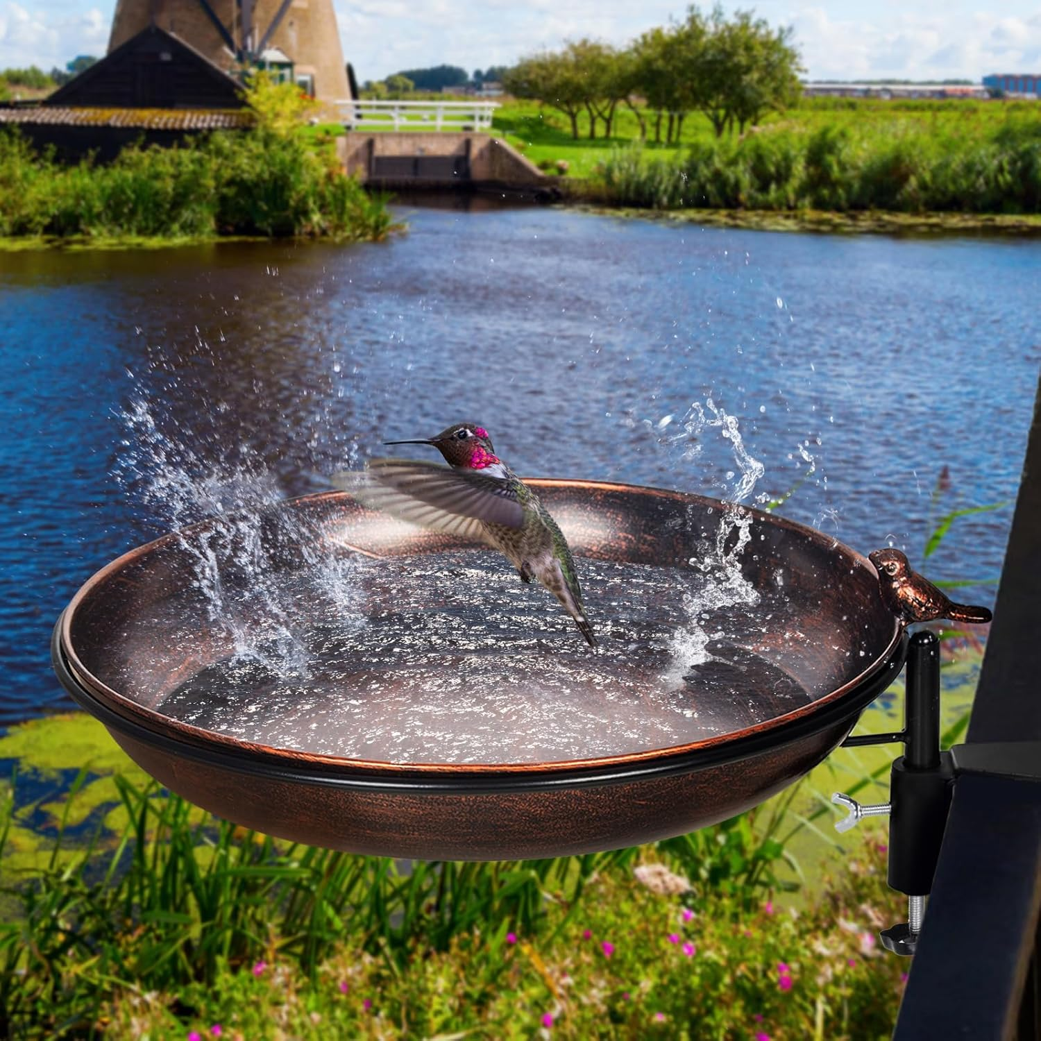 DREAMSOUL Deck Mounted Bird Bath Metal Birdbath Bowl Unheated with Lightweight Detachable, Bird Baths with Adjustable Sturdy Steel Clamp for Deck Railing Balcony Yard Outdoors Garden Decoration - A-Red Copper image number 5
