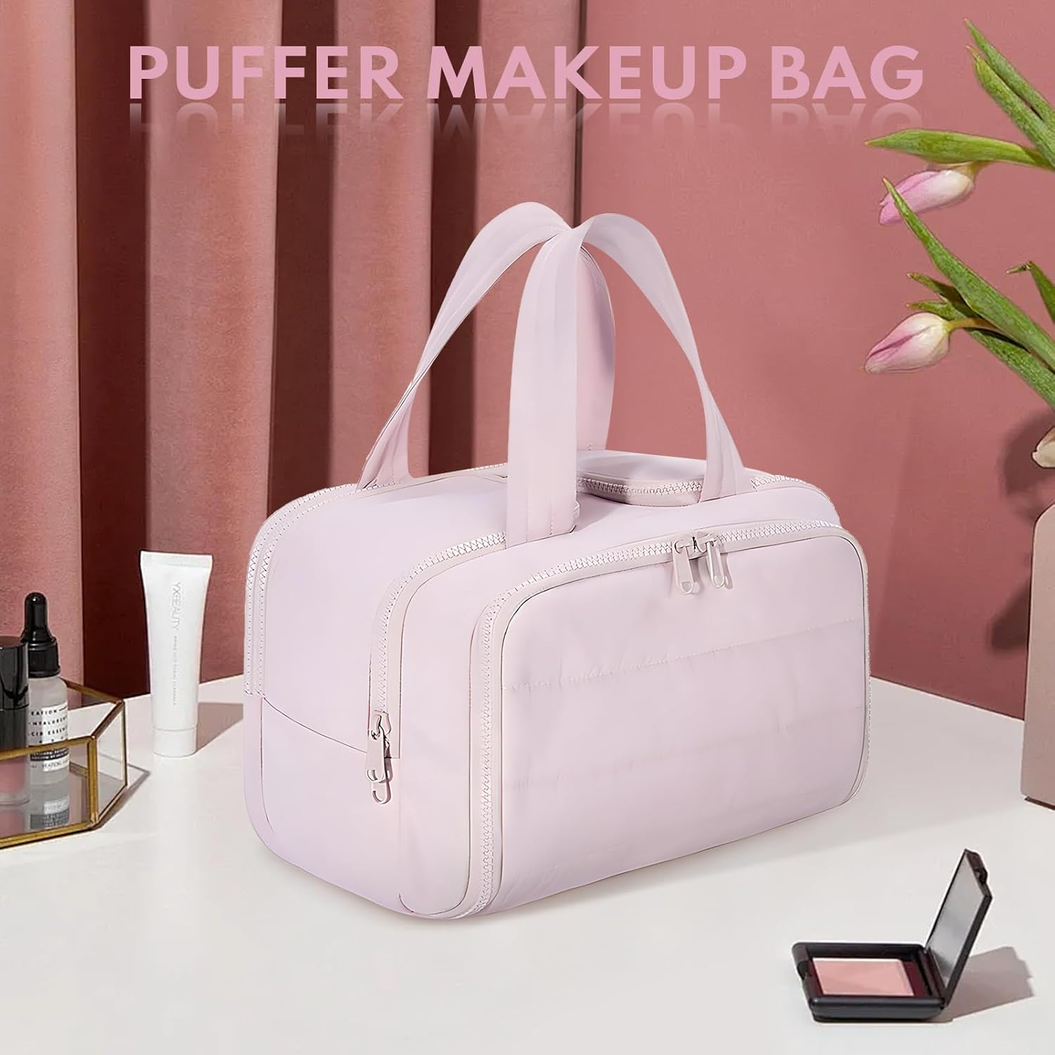 WODHMIEY Travel Toiletry Bag, Puff Large Capacity Cosmetic Bag, Spacious Toiletry Organizer for Women Travel, Waterproof PVC Lining, Wide Opening Dual Side Design, Lightweight Portable image number 5