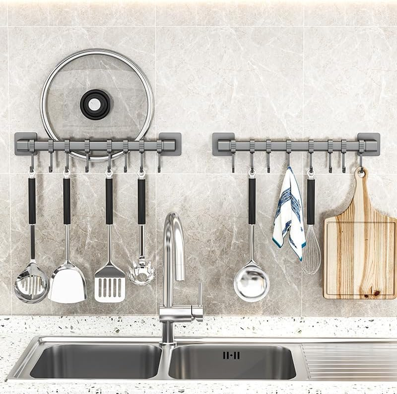 Chmiss Kitchen Hook Rack without Drilling, Hook Rack Kitchen with 8 Movable Hooks, Wall Hooks for Kitchen Utensils for Kitchen, Bathroom, Bedroom image number 5