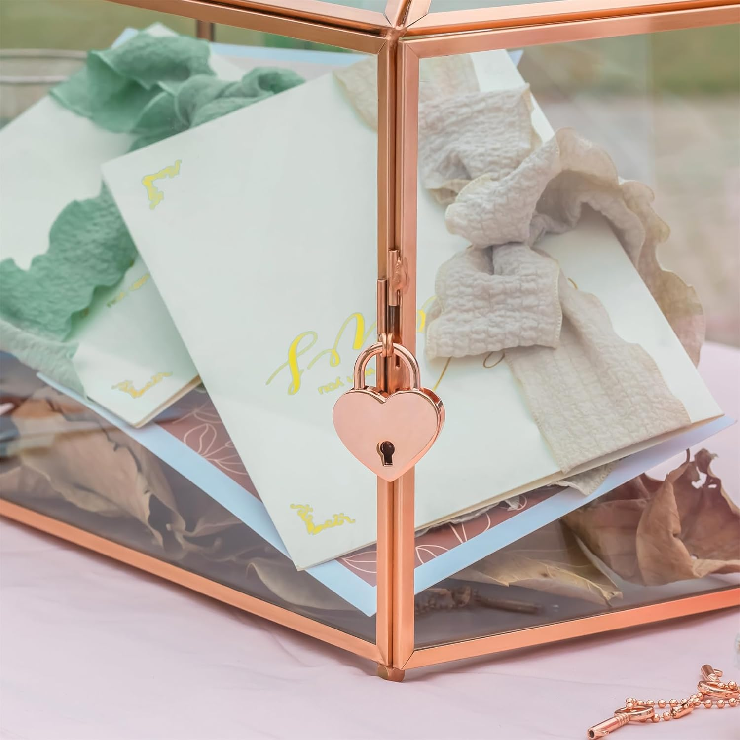 NCYP Wedding Cards Box with Slot and Lock, 12.6" X 5.9" X 9" Rose Gold Glass Envelope Card Holder for Birthday Party Reception, Decorative Terrarium (Glass Box Only) Slot Length 7.3 Inches image number 3